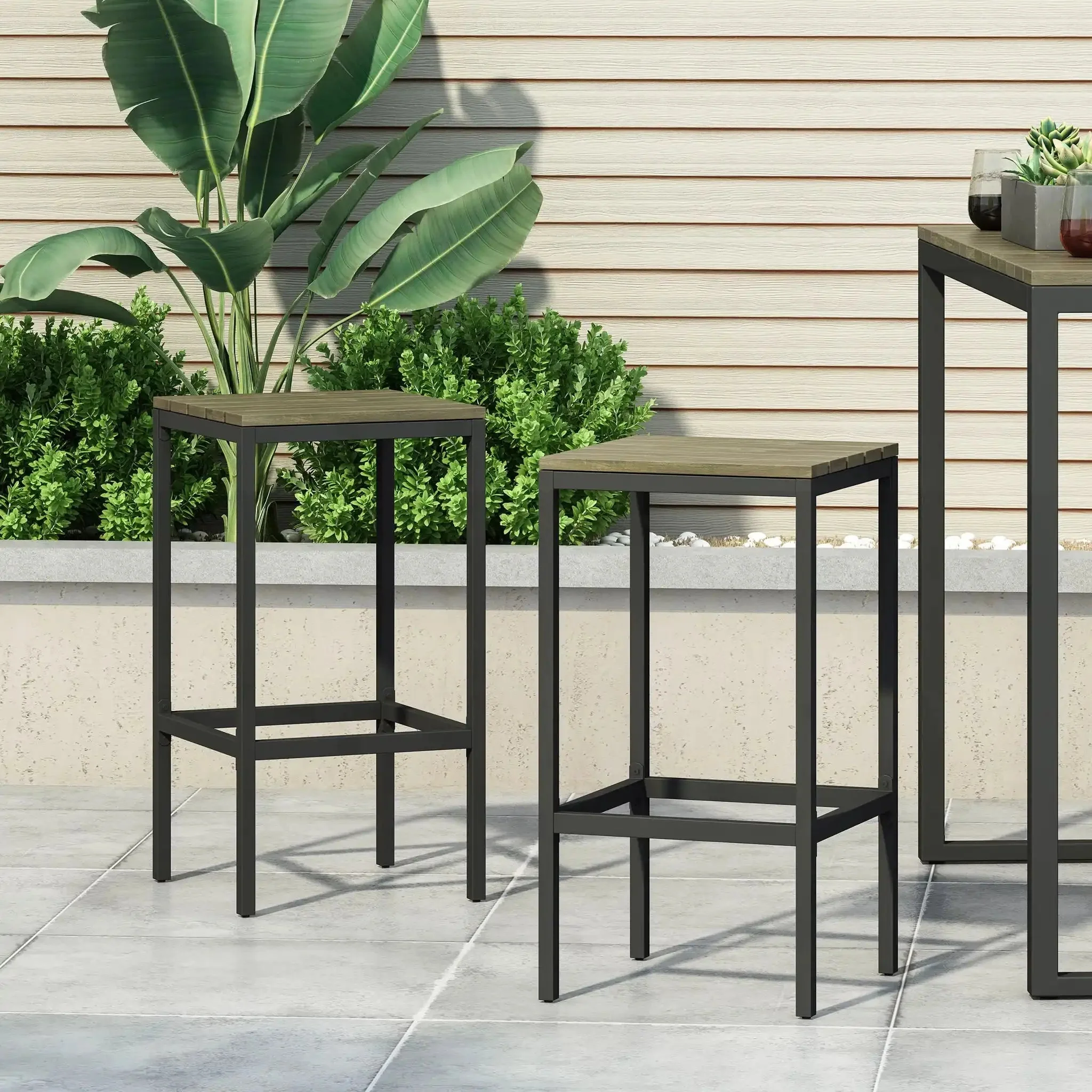 Outdoor Bar Stool With Slat Design And Metal Frame (Set of 2) - Image 4