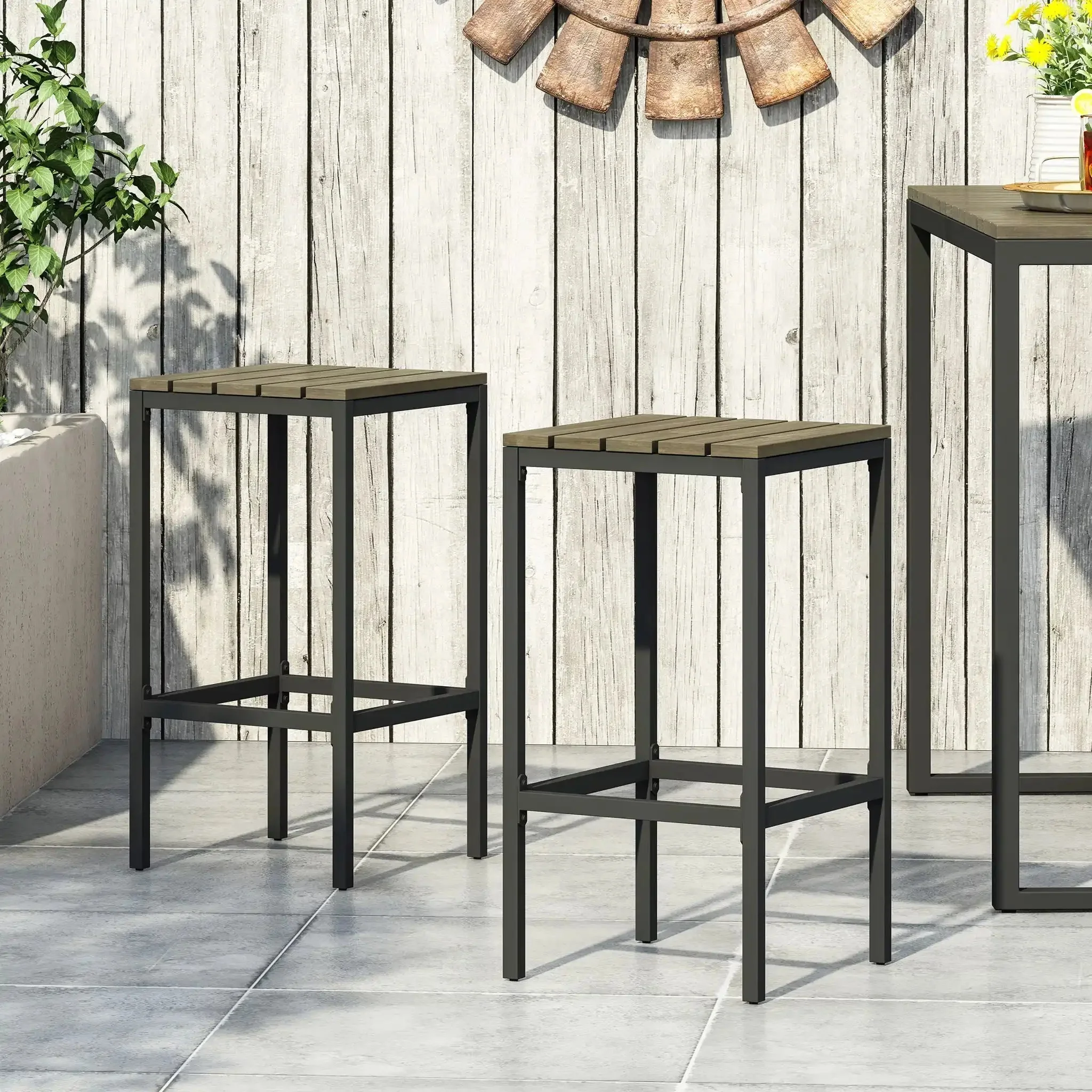 Outdoor Bar Stool With Slat Design And Metal Frame (Set of 2) - Image 7