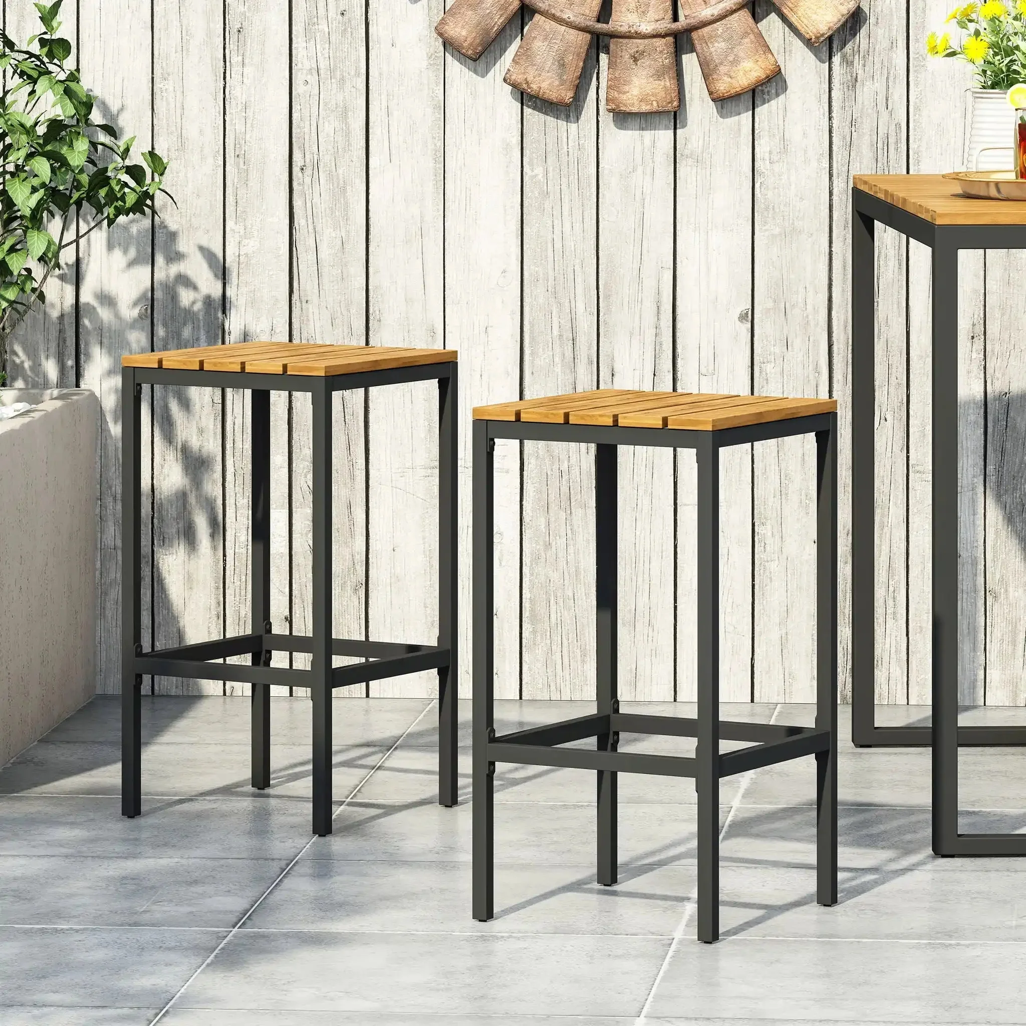 Outdoor Bar Stool With Slat Design And Metal Frame (Set of 2) - Image 8