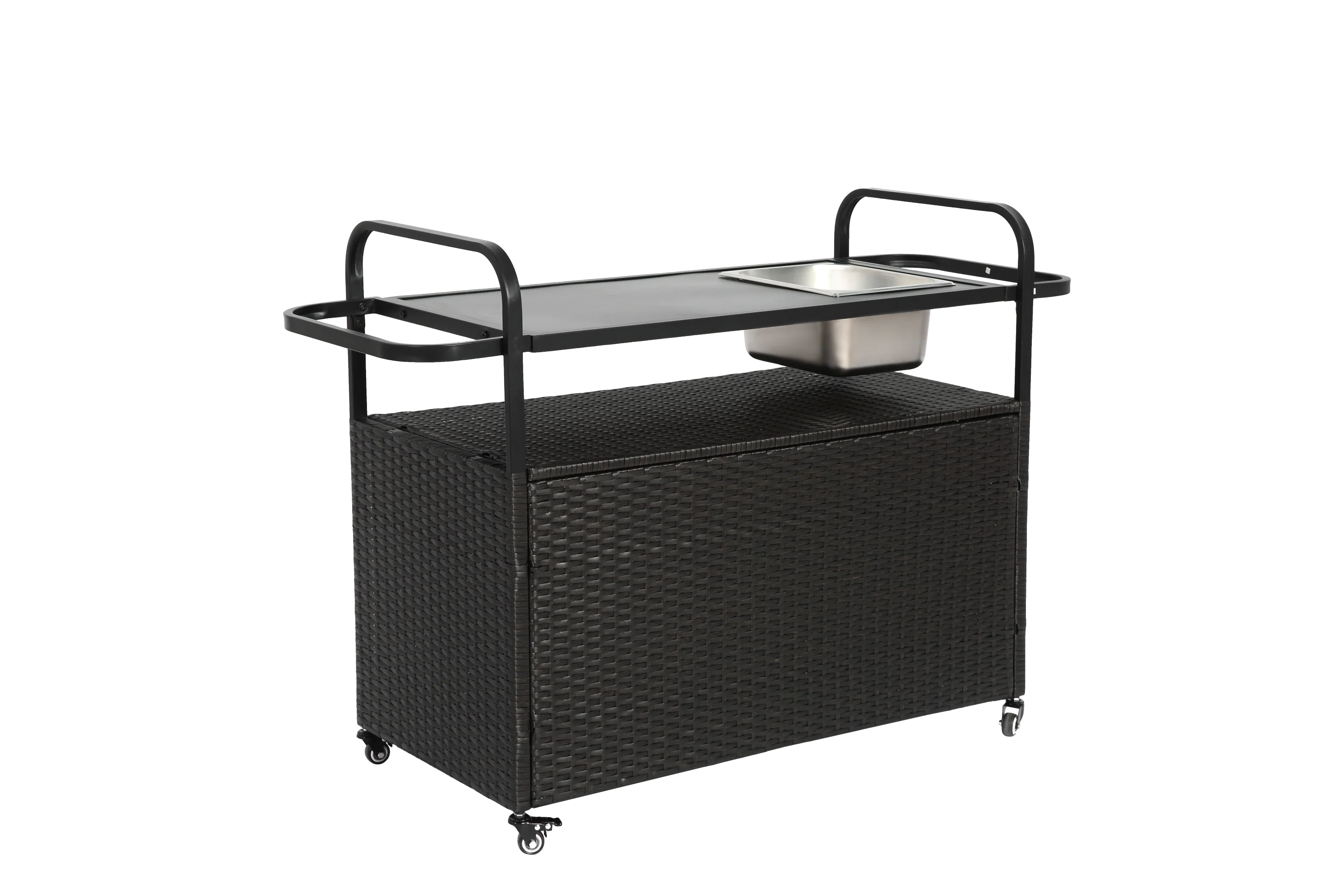 Outdoor Bar Table with Wicker Bar Cart and Steel Top - Image 11