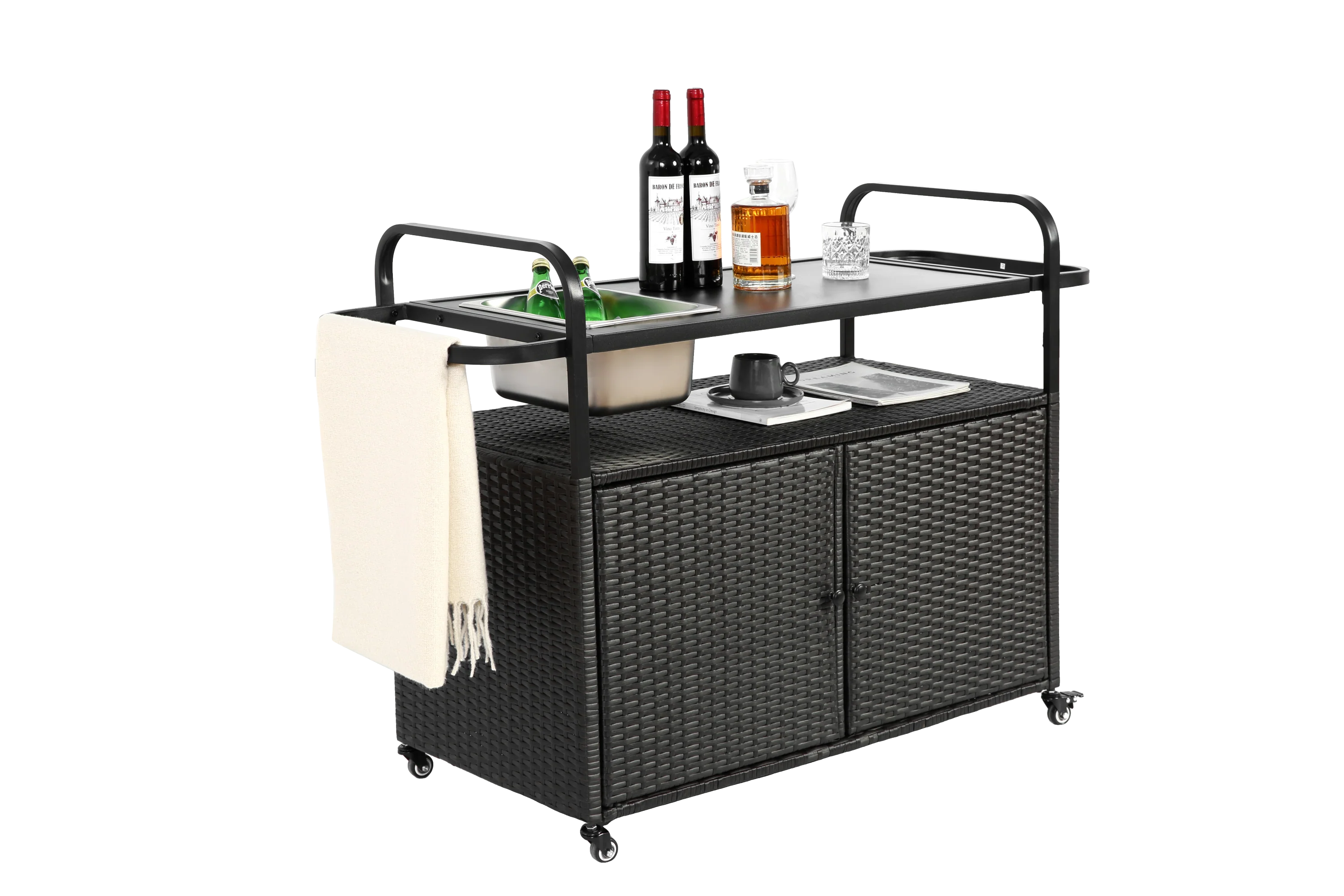 Outdoor Bar Table with Wicker Bar Cart and Steel Top - Image 2