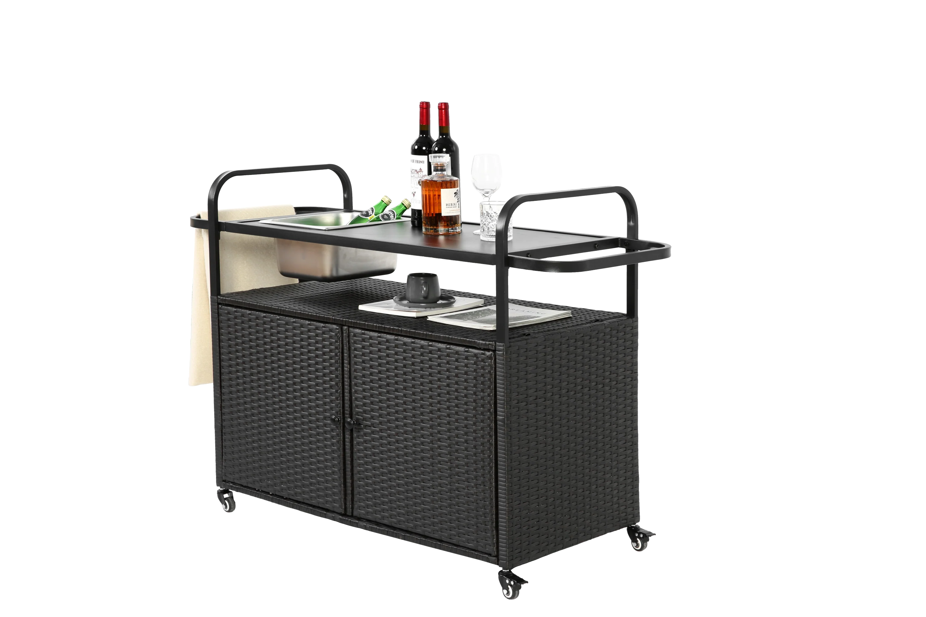 Outdoor Bar Table with Wicker Bar Cart and Steel Top - Image 5