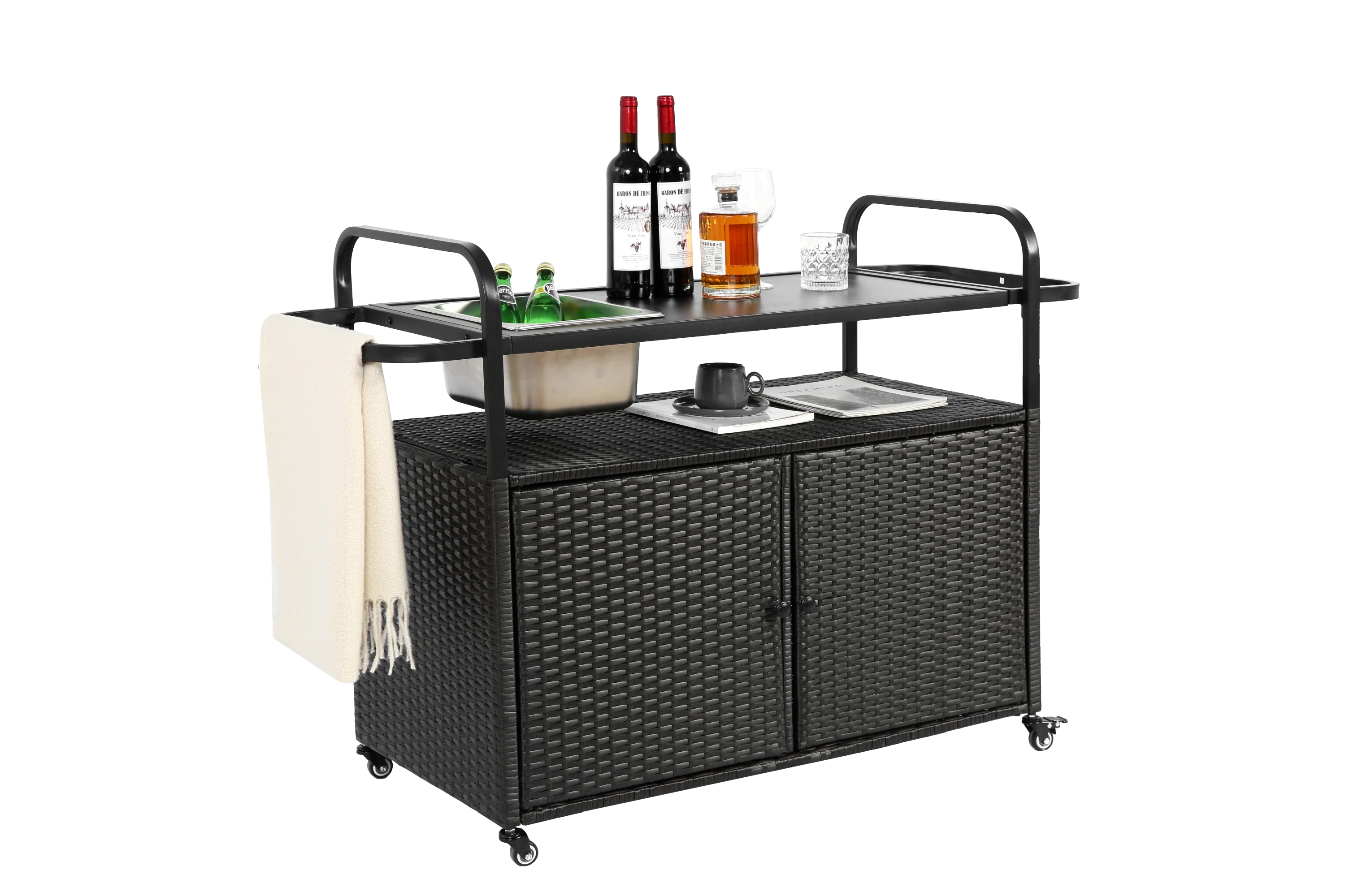 Outdoor Bar Table with Wicker Bar Cart and Steel Top - Image 6