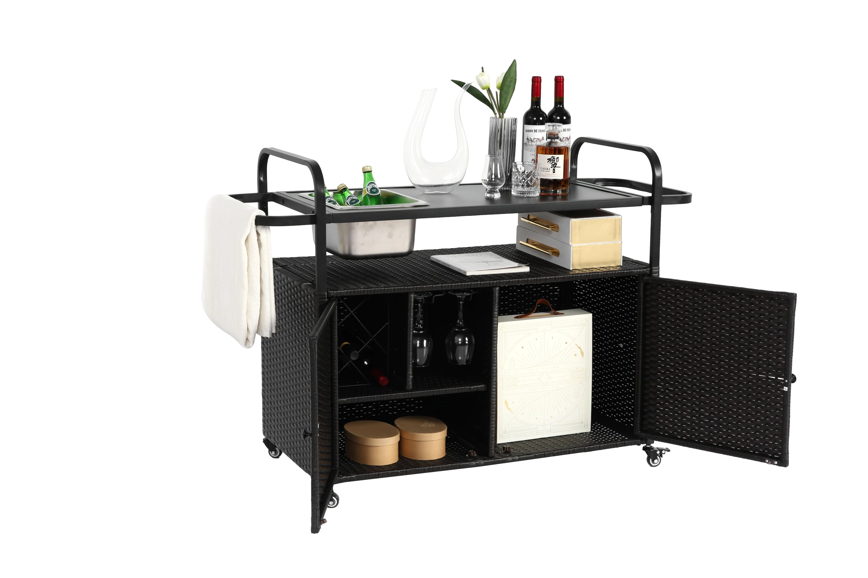 Outdoor Bar Table with Wicker Bar Cart and Steel Top - Image 8