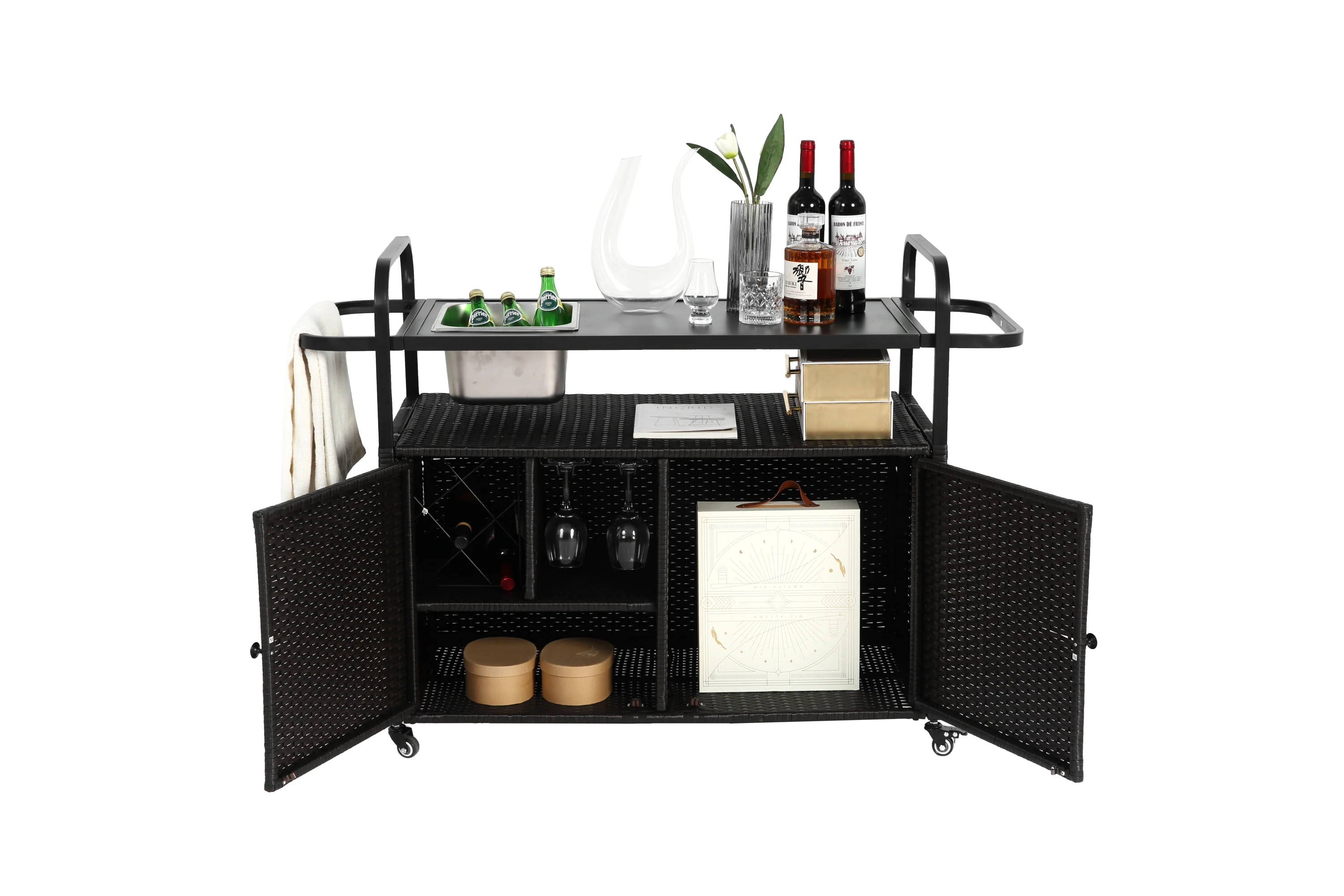 Outdoor Bar Table with Wicker Bar Cart and Steel Top - Image 9