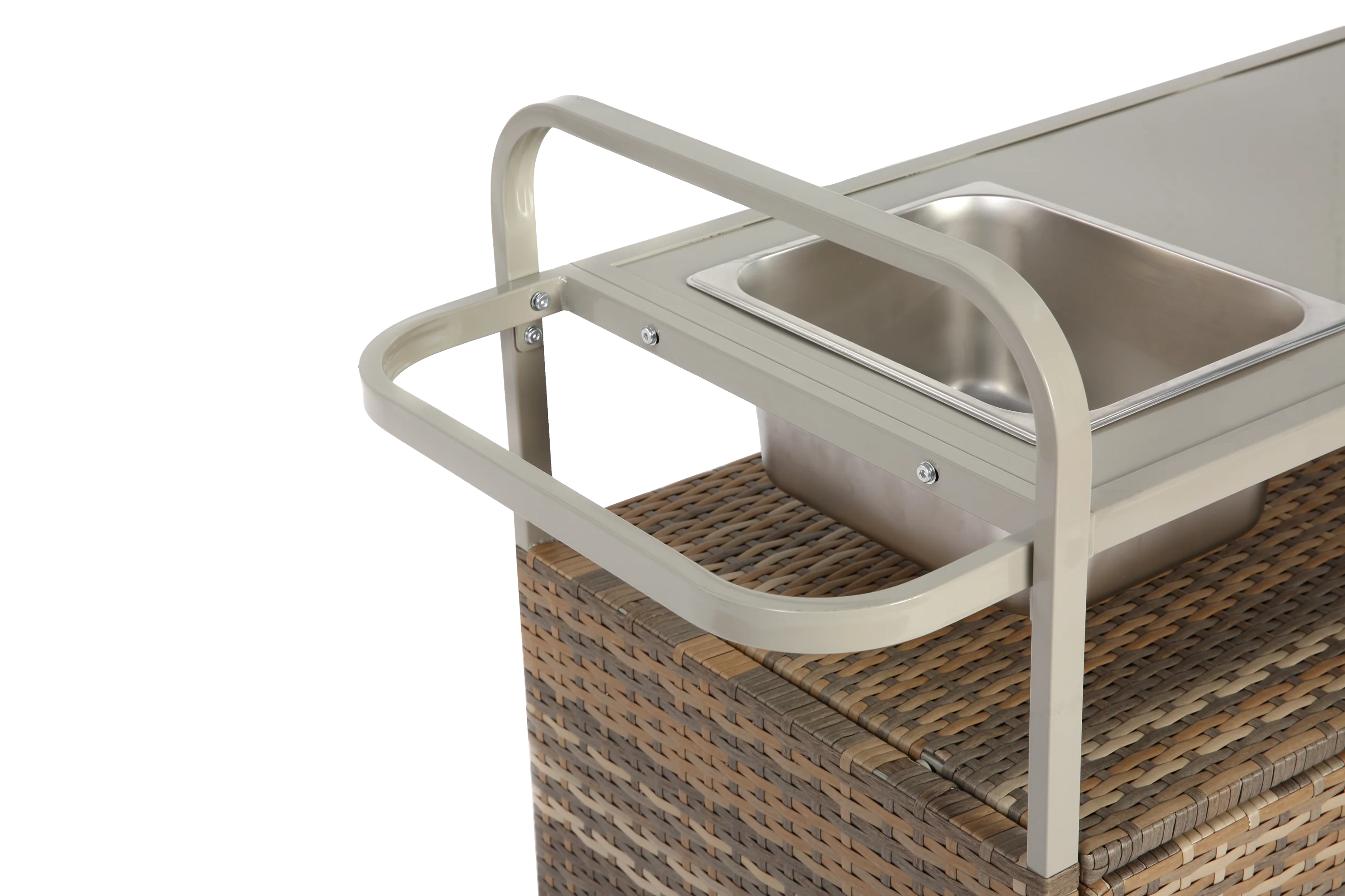 Outdoor Bar Table with Wicker Cabinet and Steel Top - Image 10