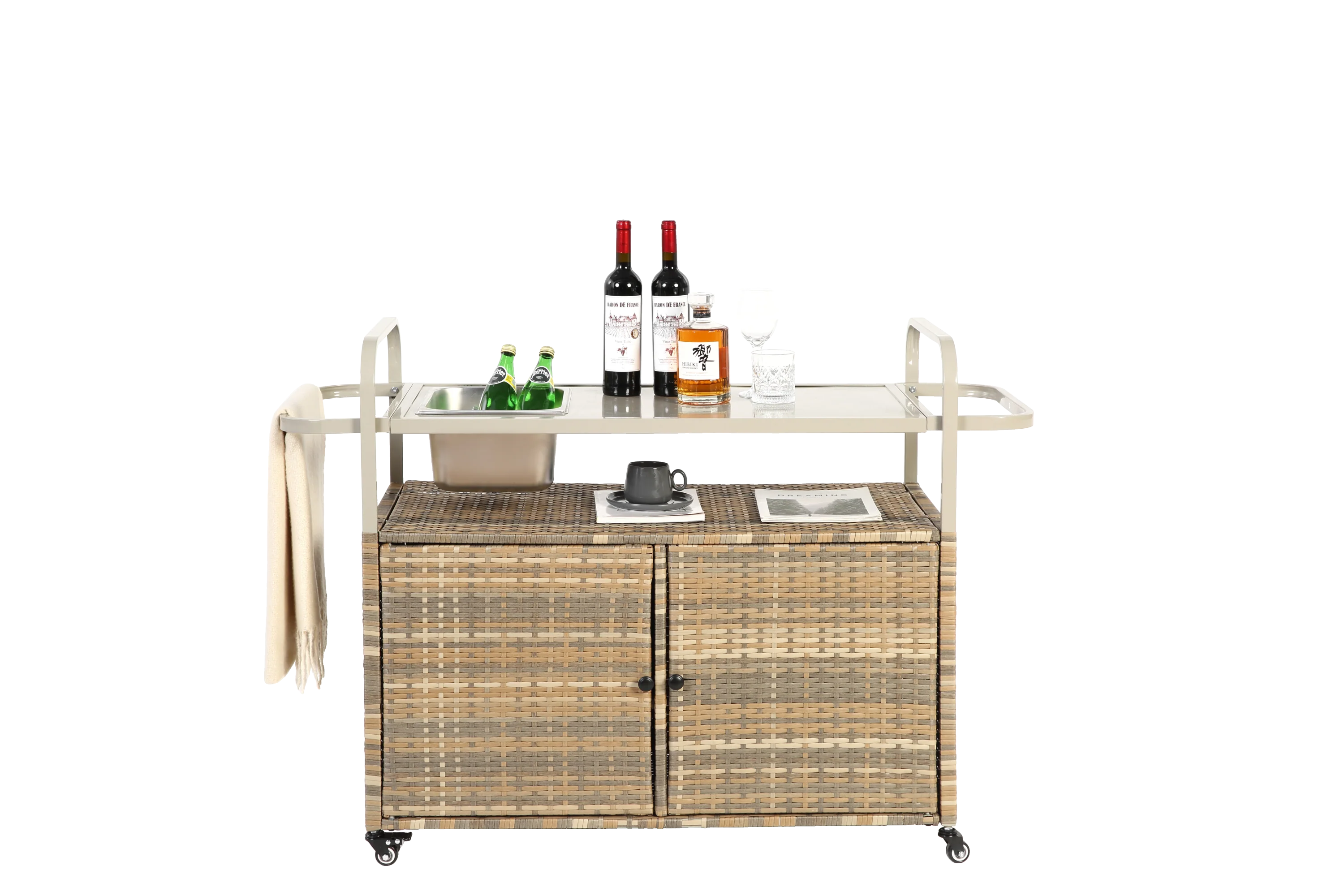 Outdoor Bar Table with Wicker Cabinet and Steel Top - Image 2