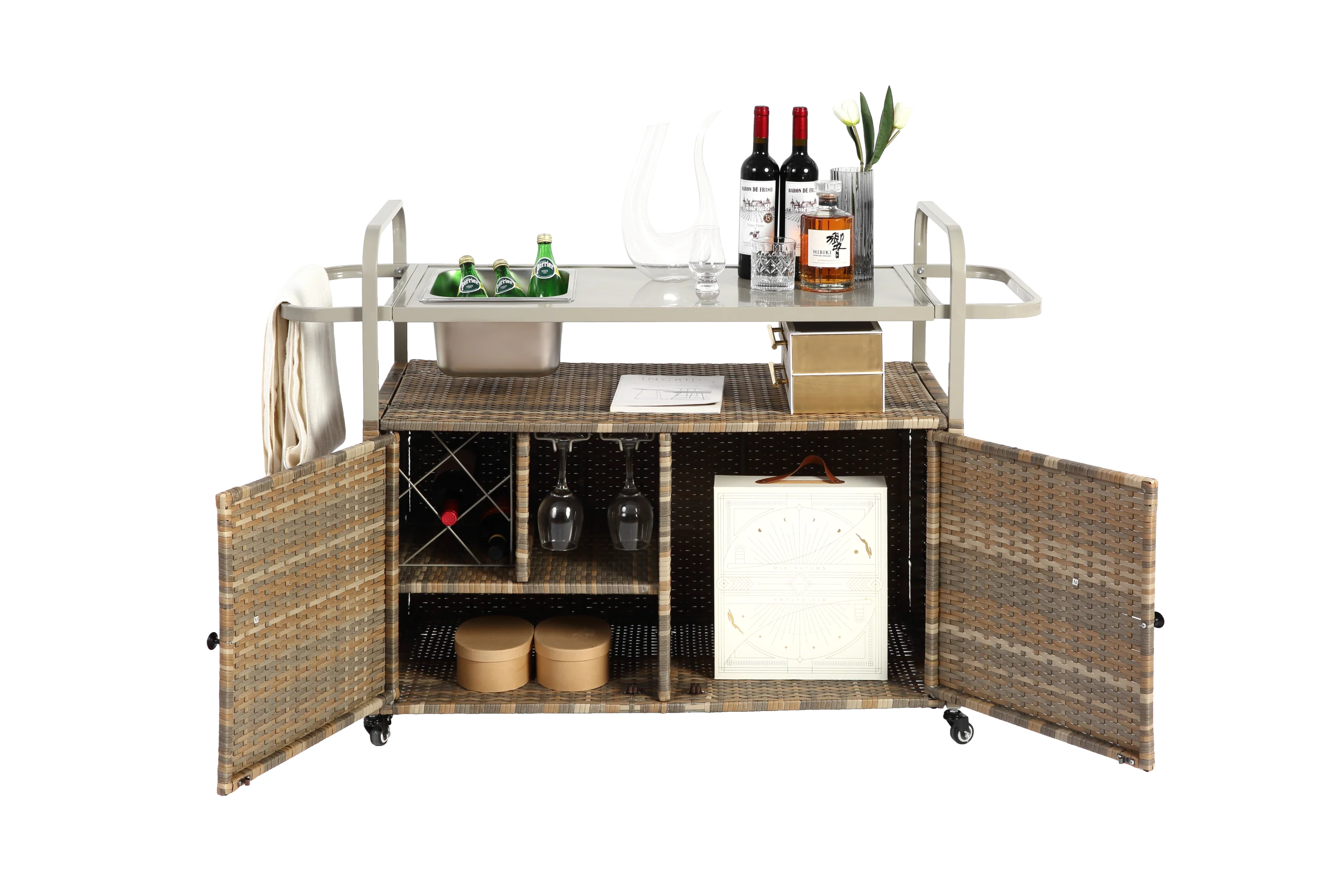 Outdoor Bar Table with Wicker Cabinet and Steel Top - Image 3