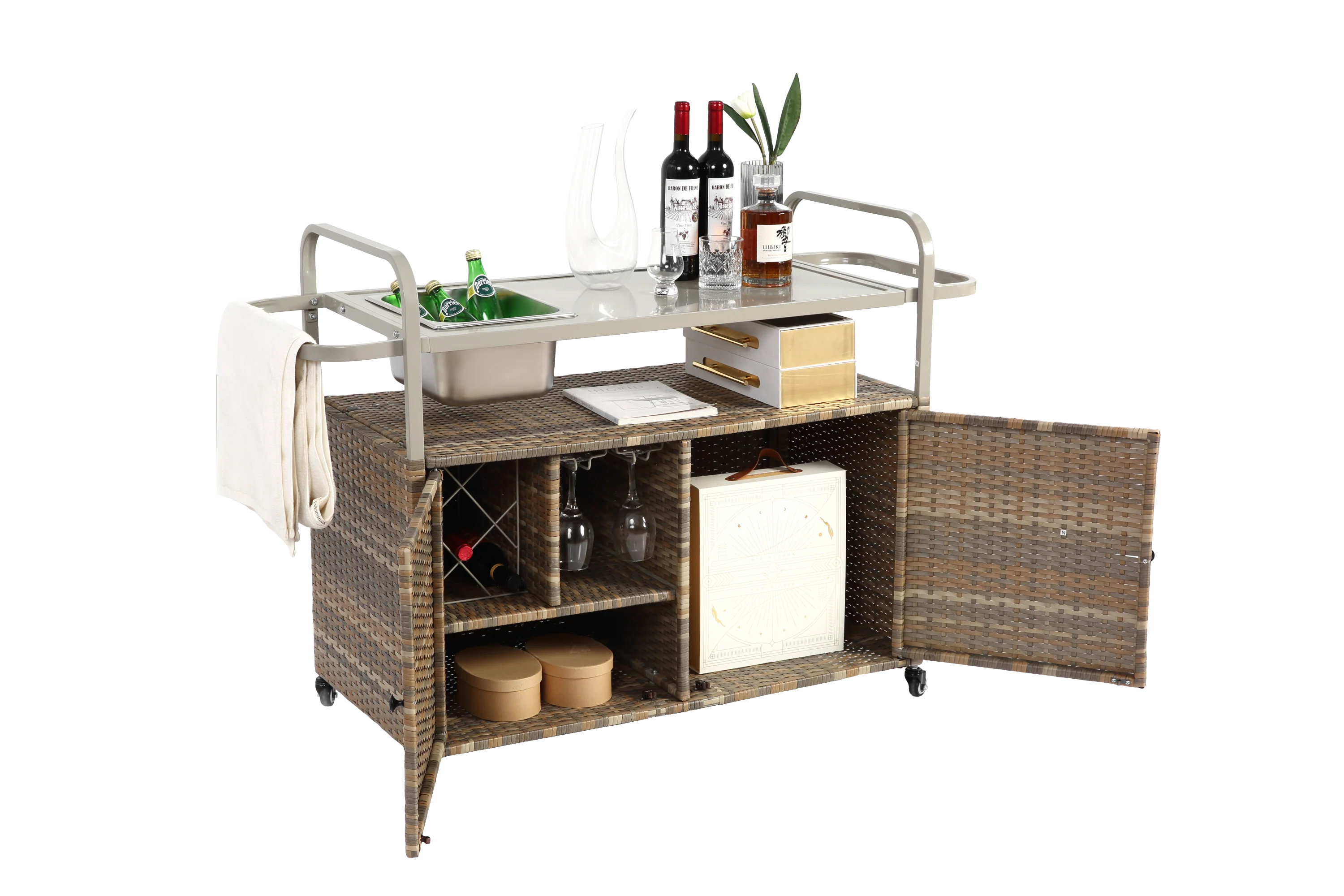 Outdoor Bar Table with Wicker Cabinet and Steel Top - Image 4