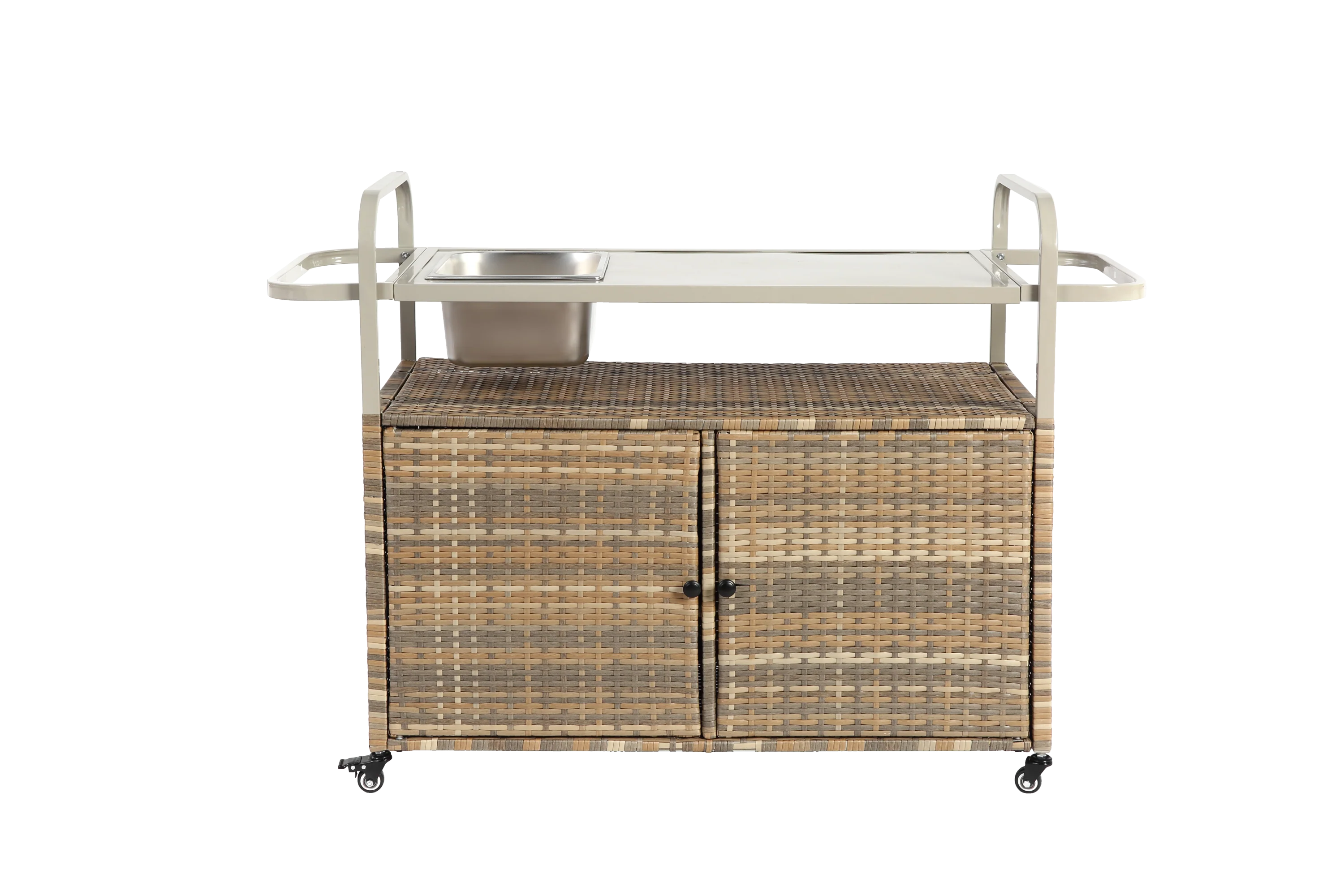 Outdoor Bar Table with Wicker Cabinet and Steel Top - Image 5