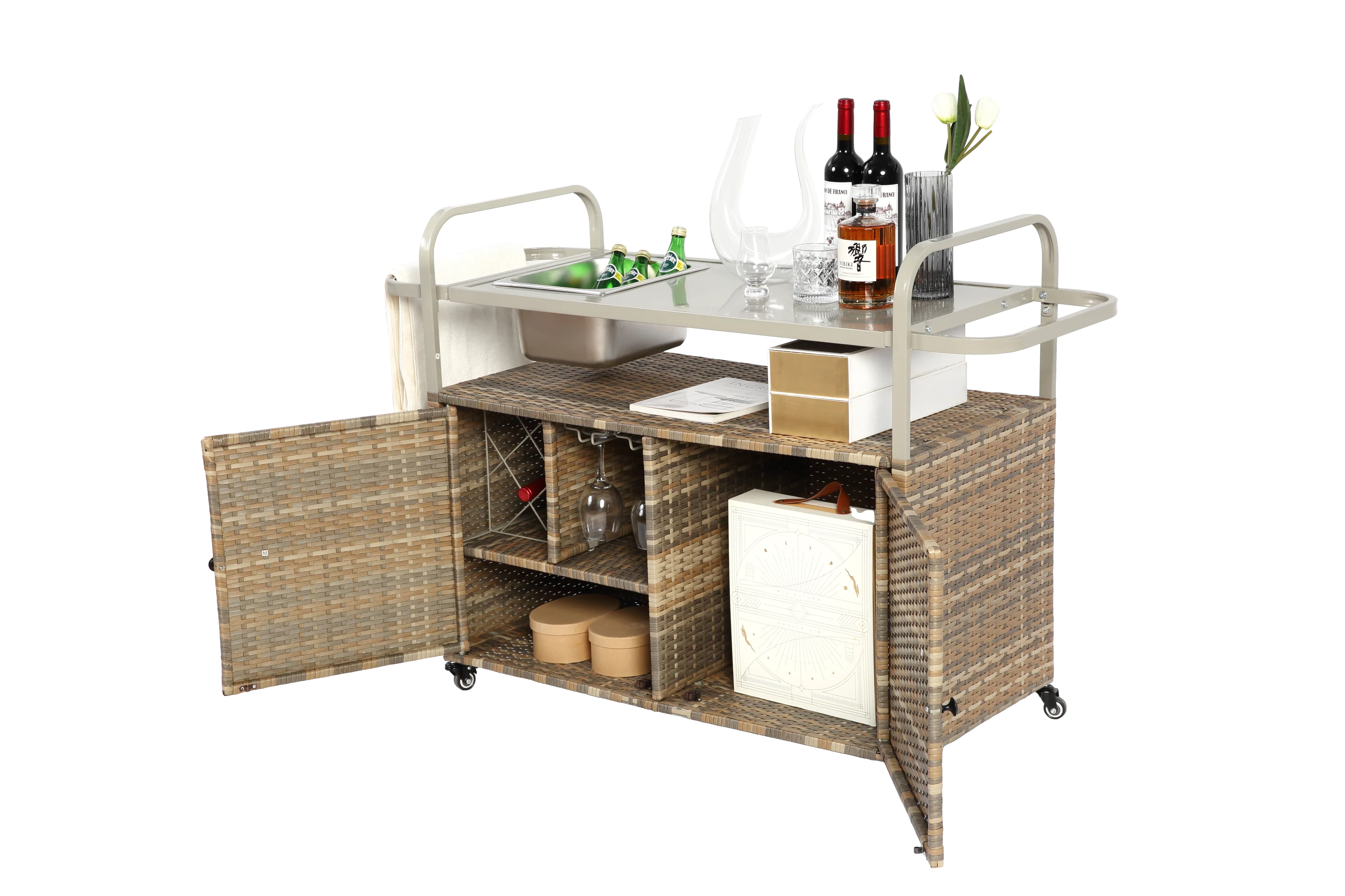 Outdoor Bar Table with Wicker Cabinet and Steel Top - Image 6