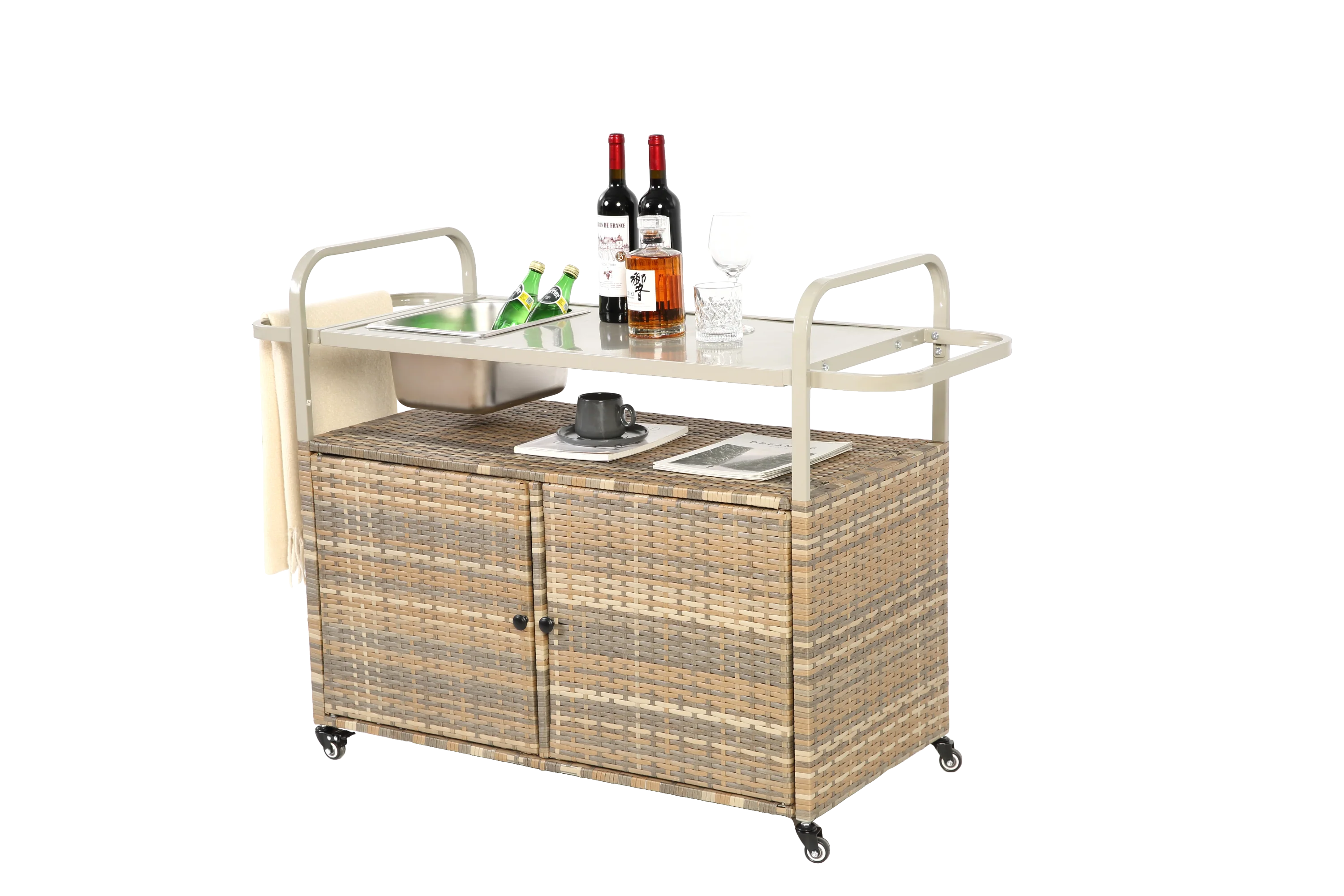 Outdoor Bar Table with Wicker Cabinet and Steel Top - Image 7