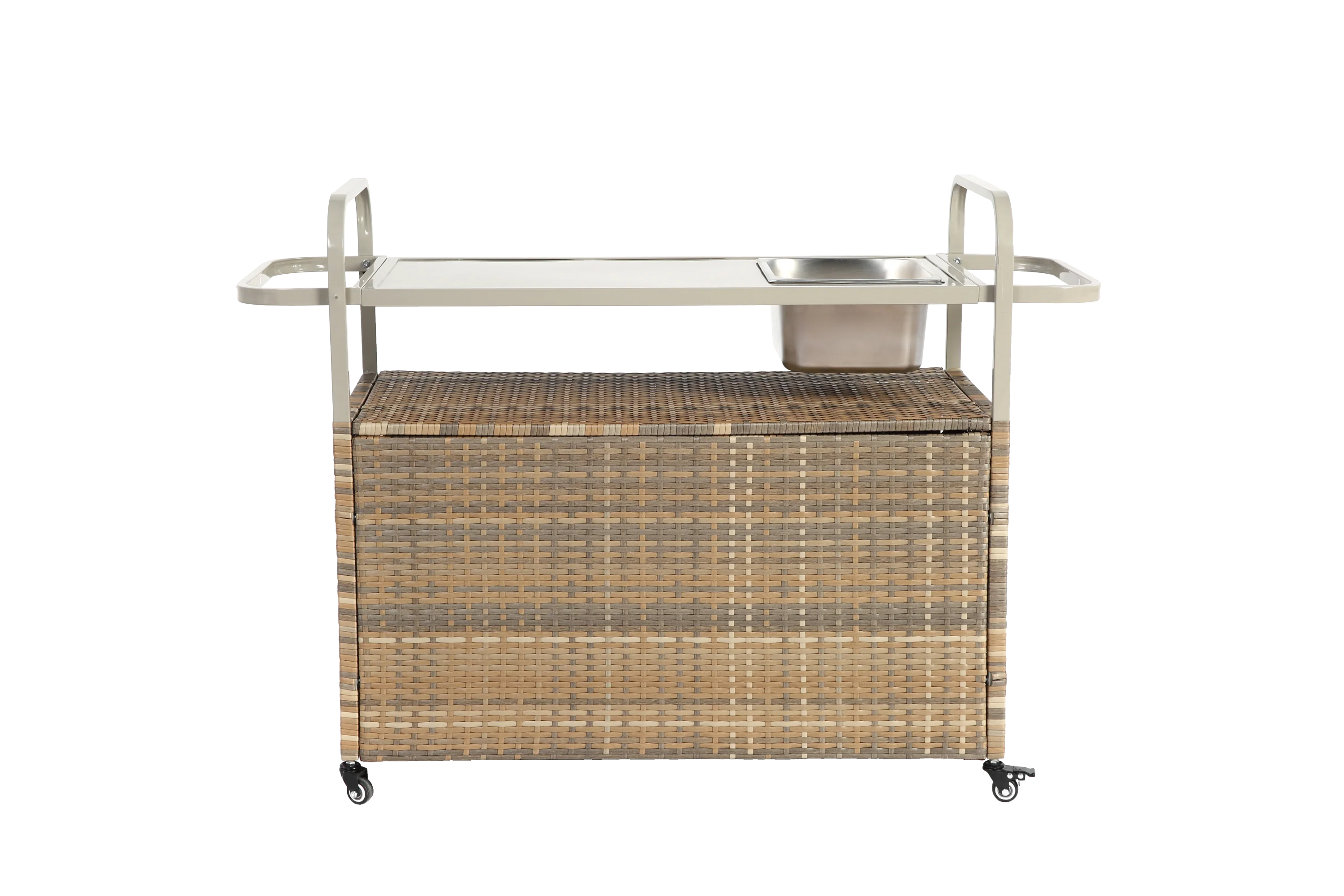 Outdoor Bar Table with Wicker Cabinet and Steel Top - Image 9