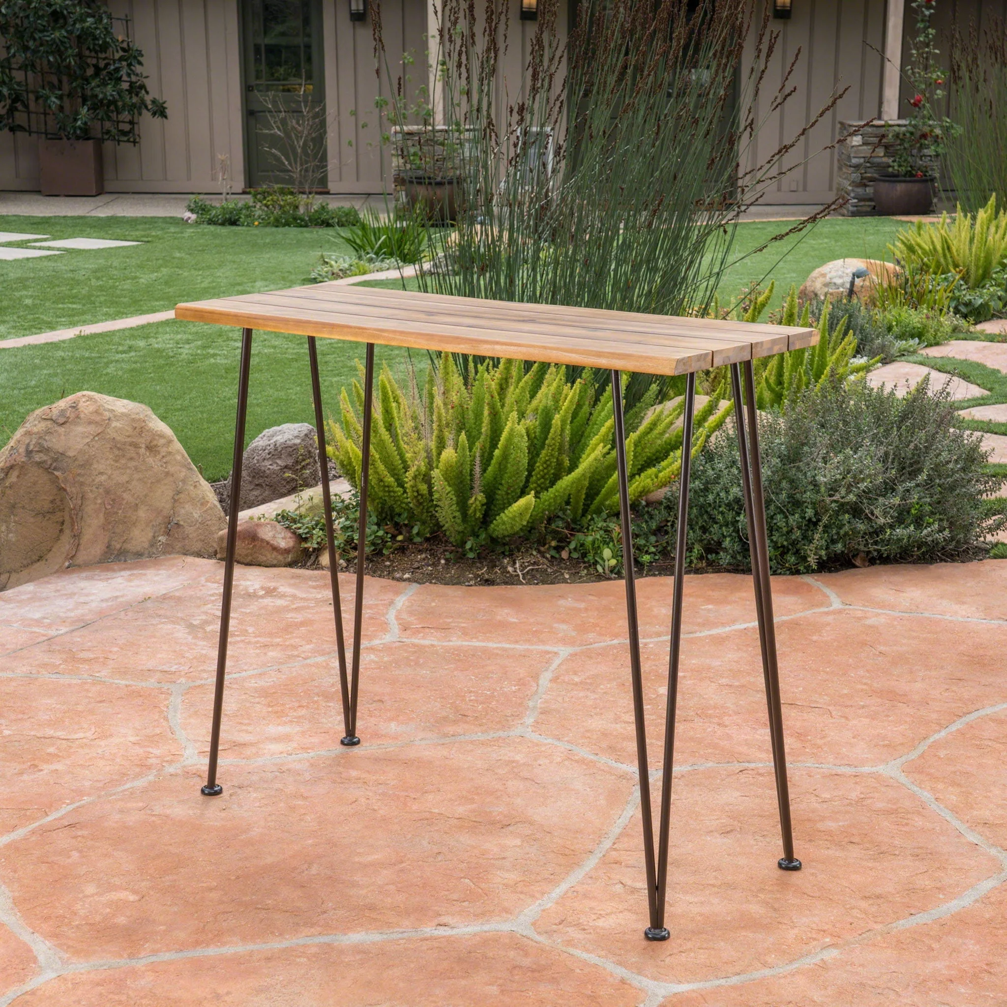 Outdoor Bar Table with Wood Tabletop and Iron Hairpin Legs - Black / Teak - Image 2