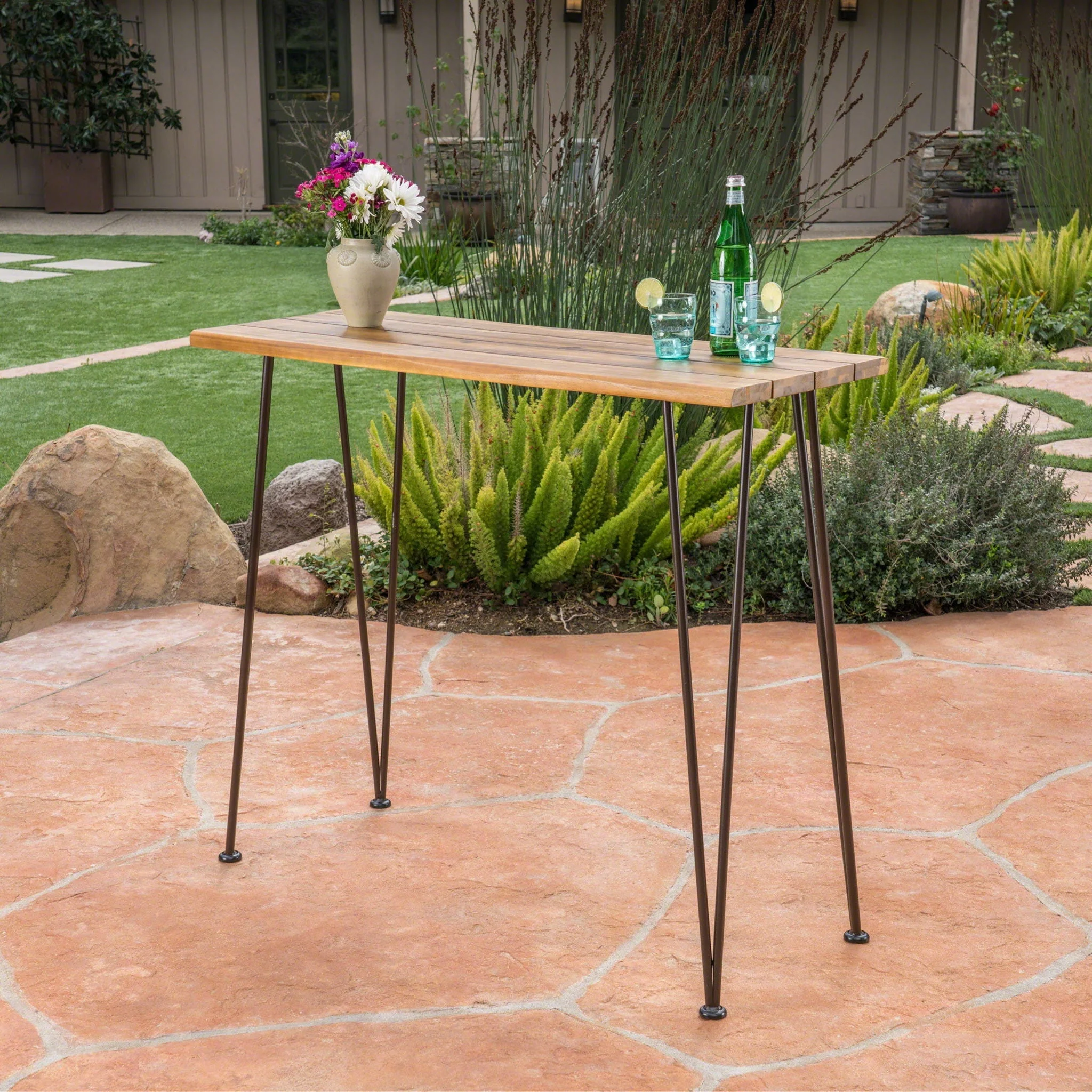 Outdoor Bar Table with Wood Tabletop and Iron Hairpin Legs - Black / Teak - Image 4