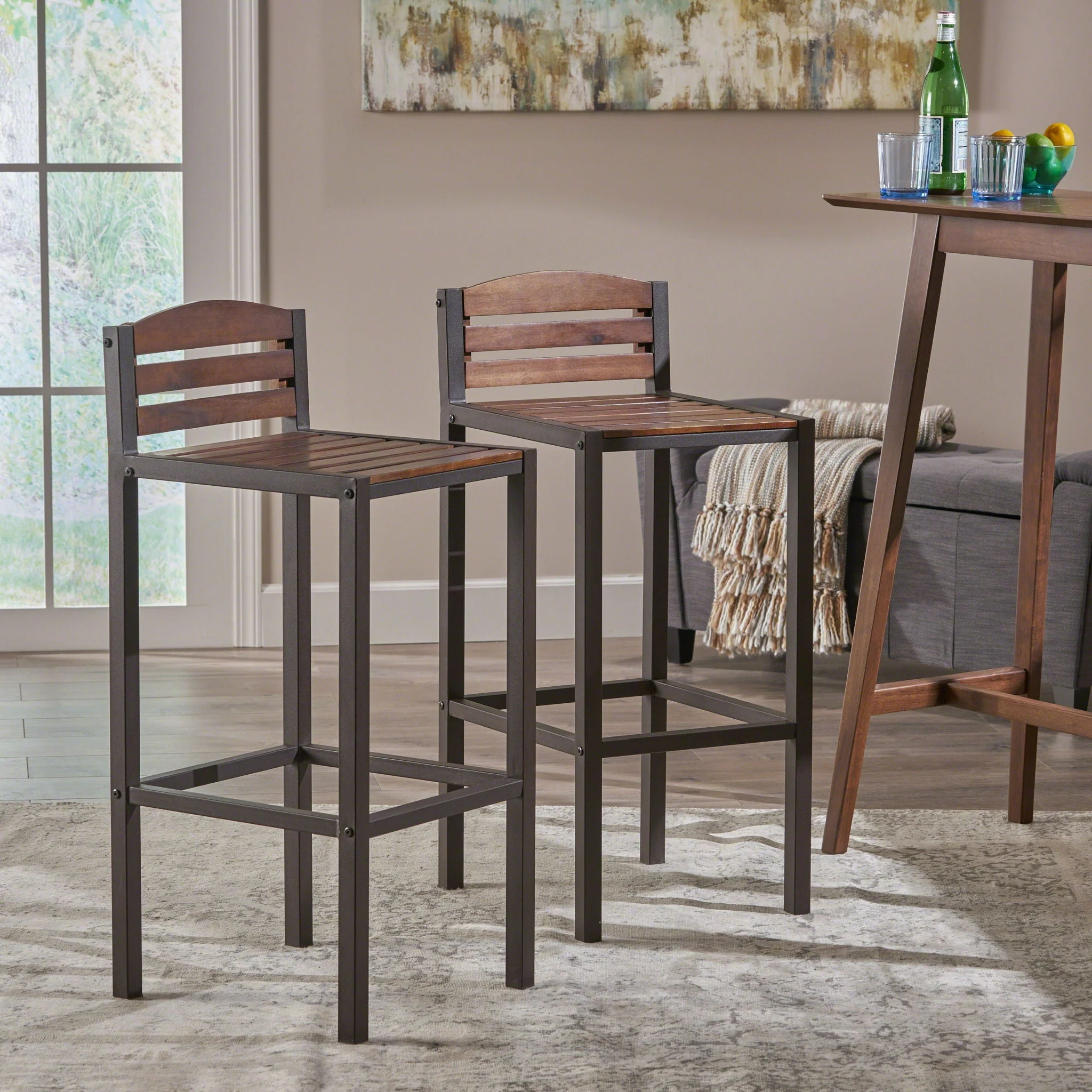 Outdoor Barstool With Slat Panel Design (Set of 2) - Dark Brown - Image 3