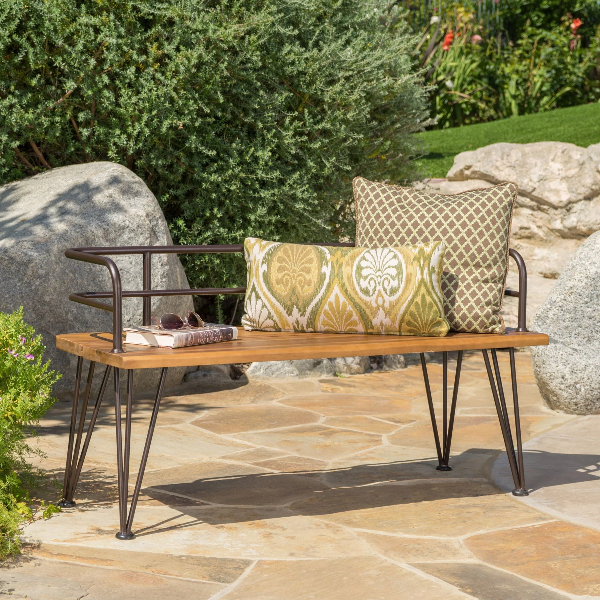 Outdoor Bench With Powder Coated Iron Frame - Teak - Image 4