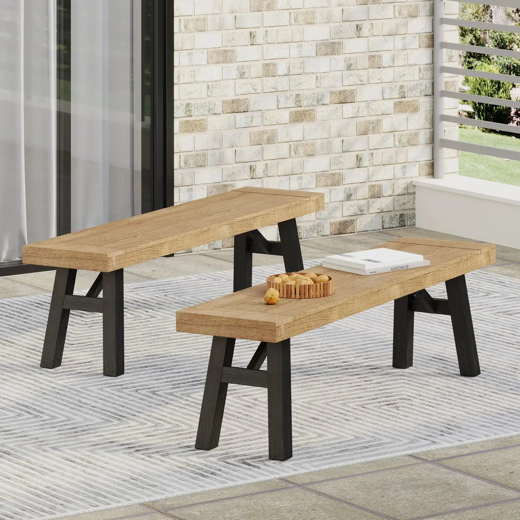 Outdoor Bench With Slat Panel Design And Acacia Wood Frame - Image 3