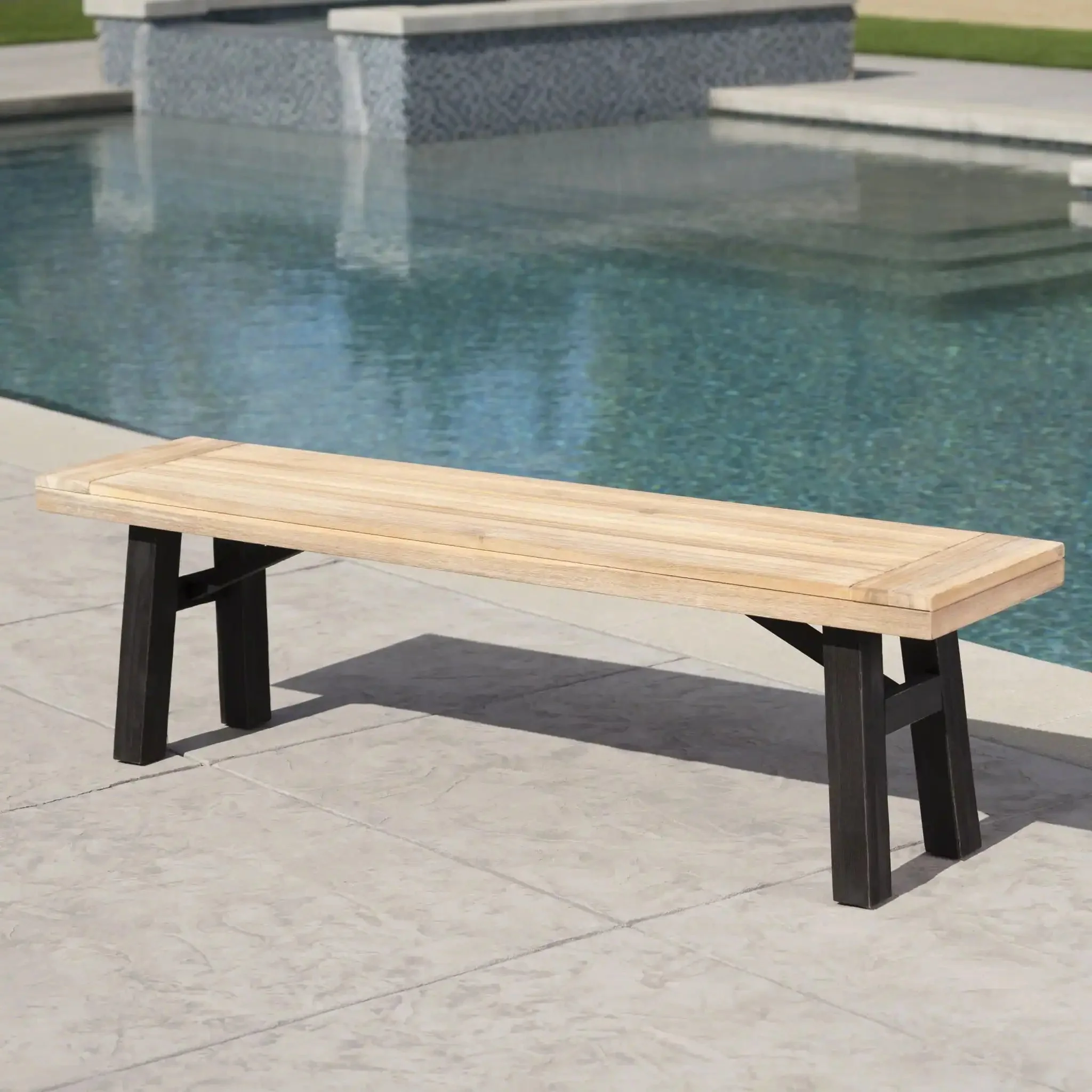 Outdoor Bench With Slat Panel Design And Acacia Wood Frame - Image 8