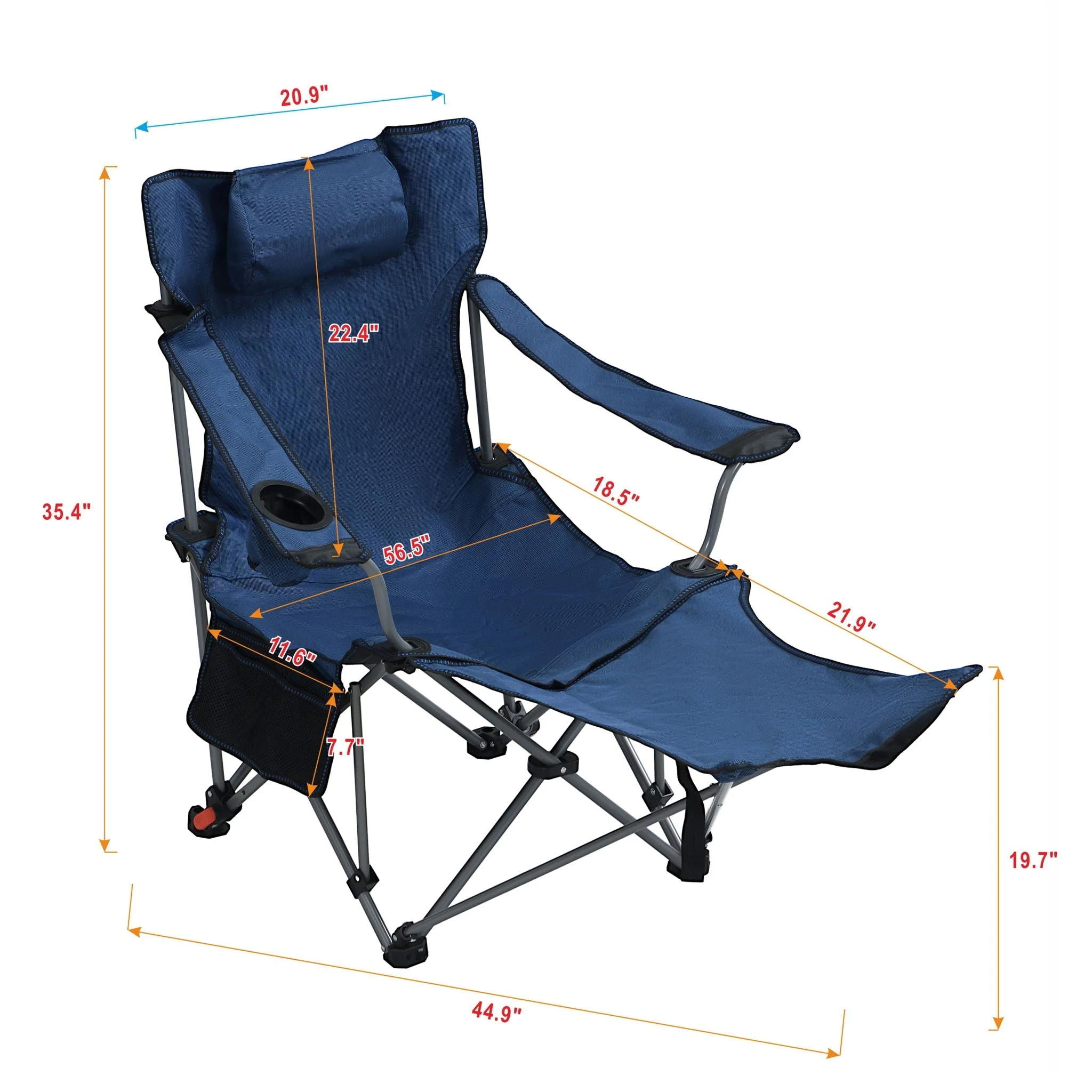 Outdoor Camping Chairs Folding Portable Adjustable Reclining Chair With Side Pockets & Cup Holder - Dark Blue - Image 2