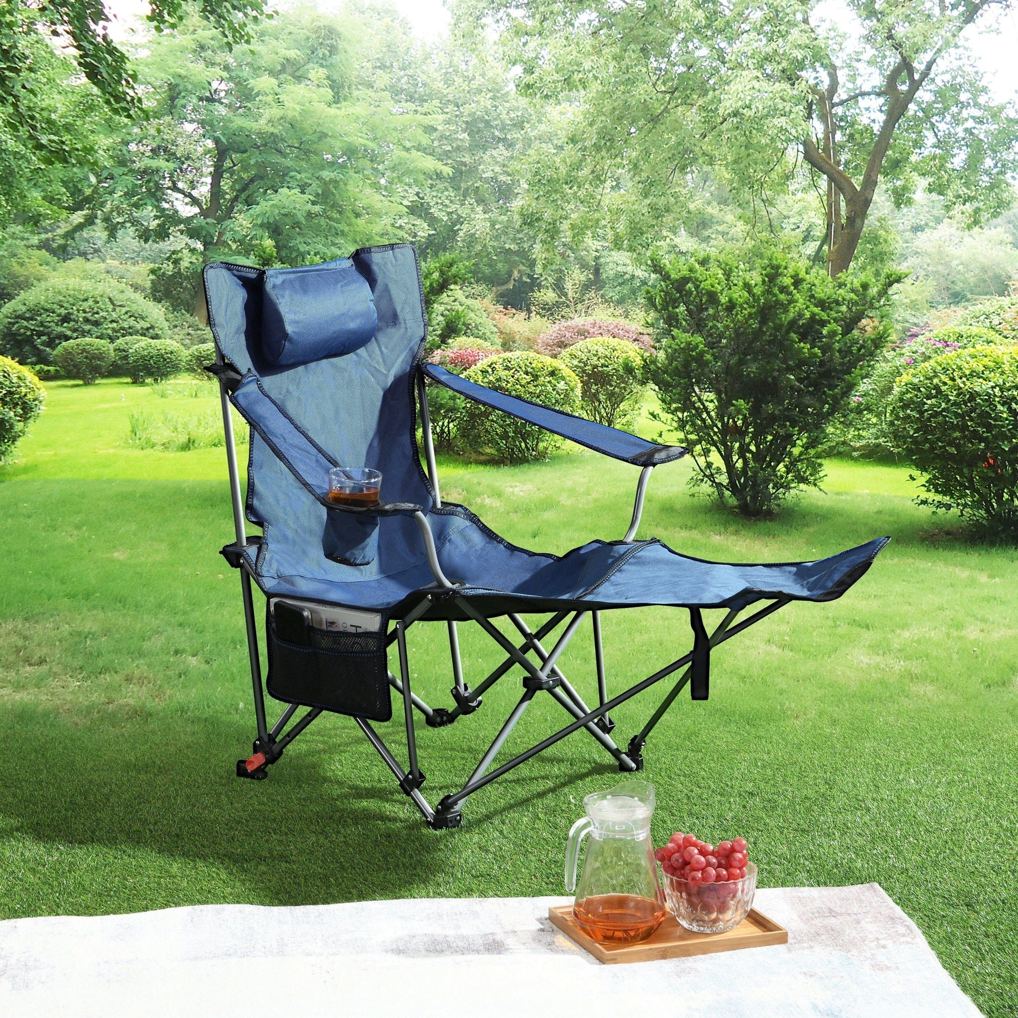 Outdoor Camping Chairs Folding Portable Adjustable Reclining Chair With Side Pockets & Cup Holder - Dark Blue - Image 3