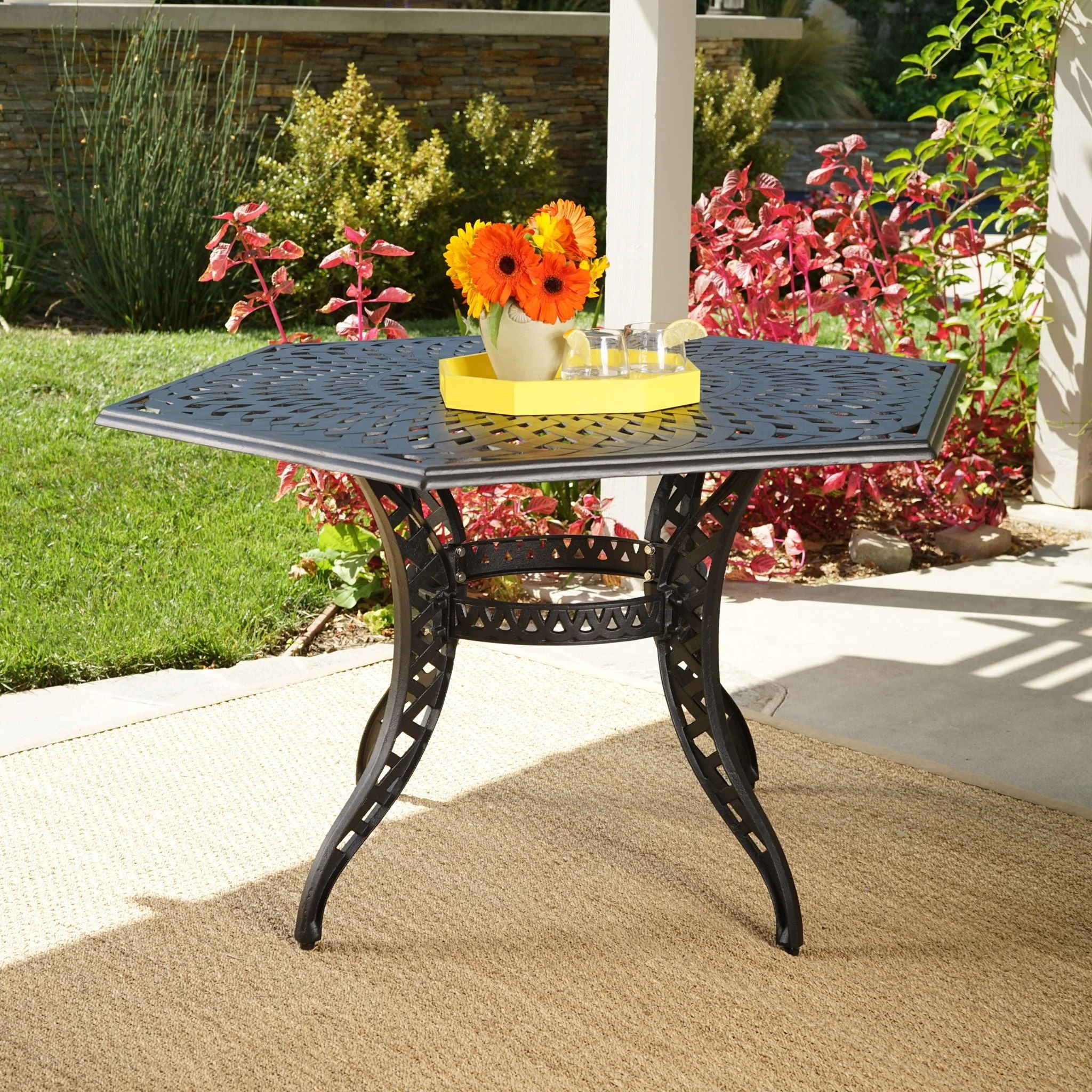 Outdoor Cast Aluminum Dining Table With Lattice Top And Umbrella Hole - Black - Image 3