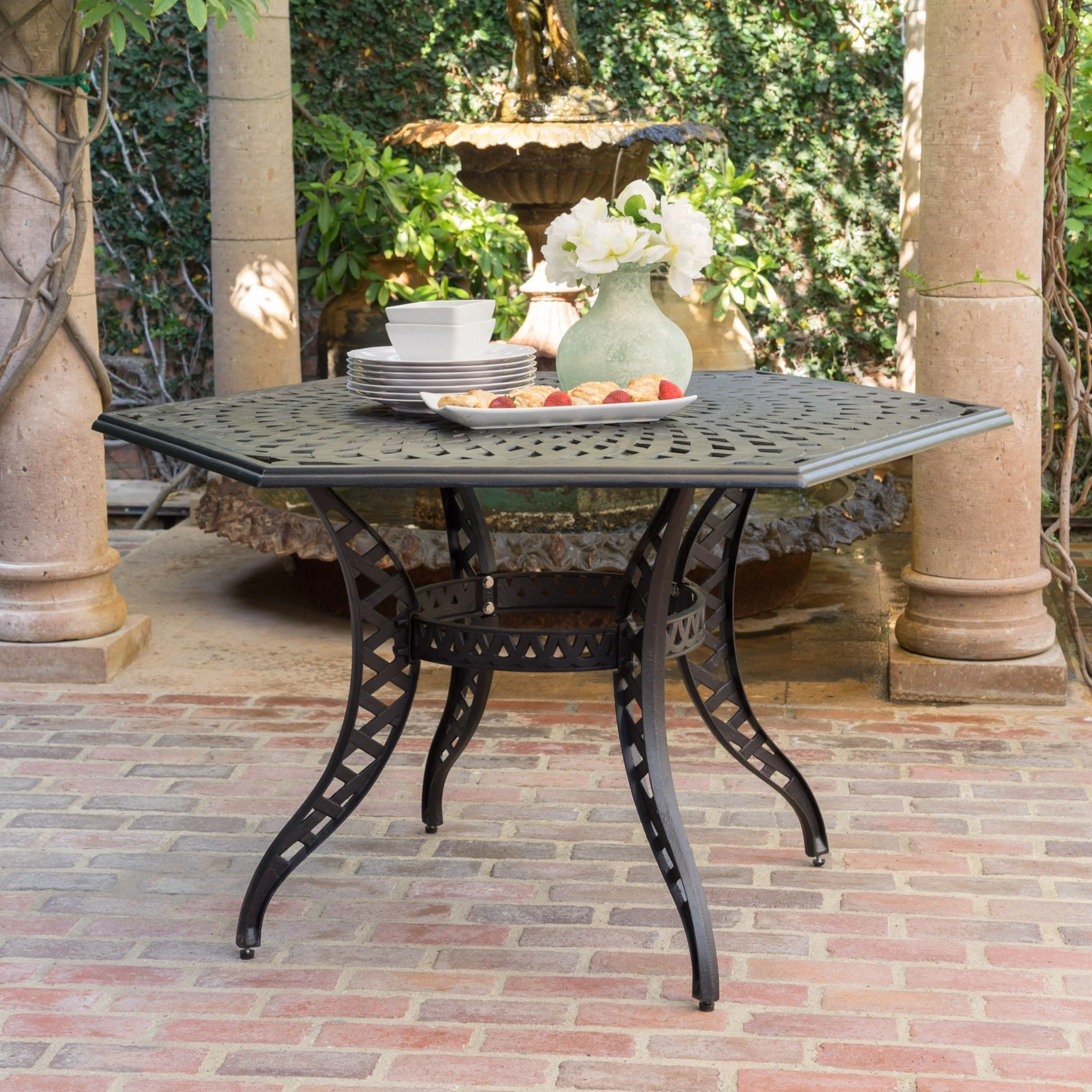 Outdoor Cast Aluminum Dining Table With Lattice Top And Umbrella Hole - Black - Image 4