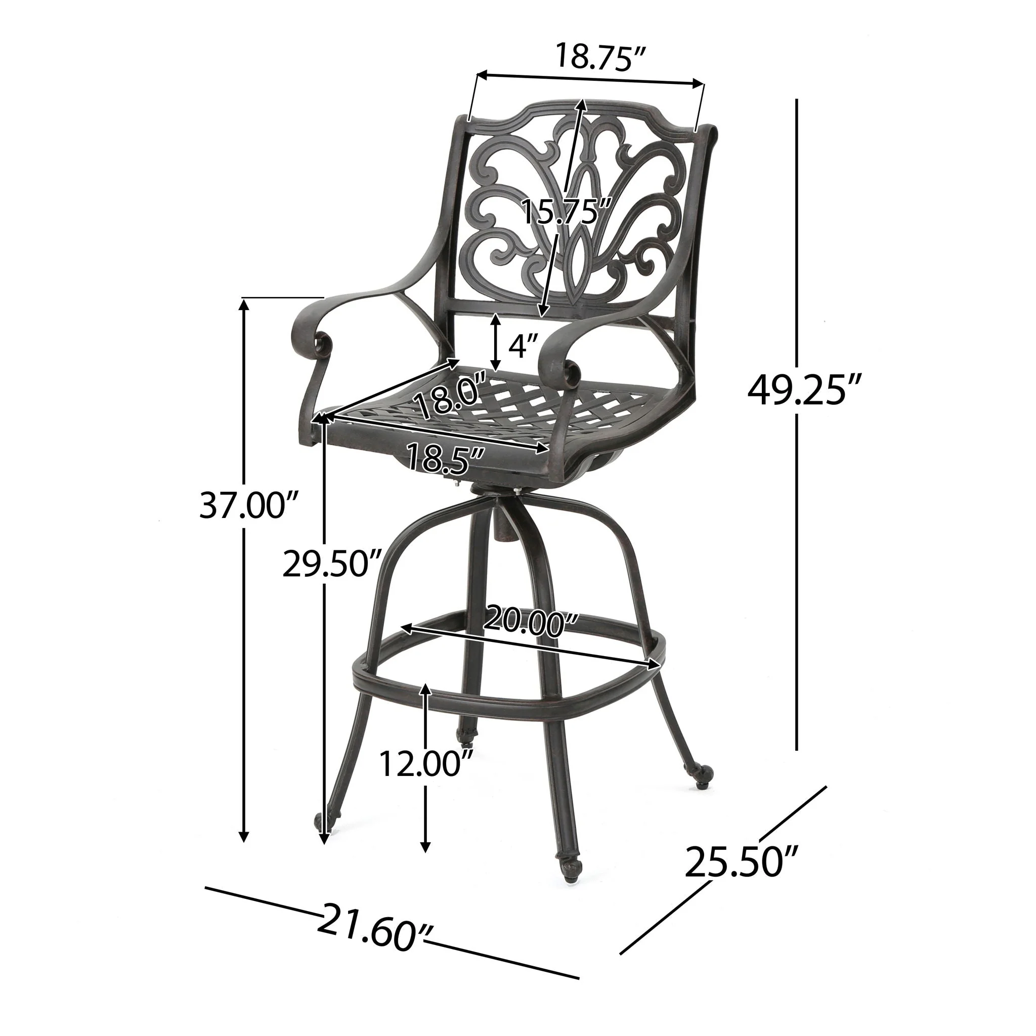Outdoor Cast Aluminum Swivel Bar Stool With Scrolled Arms - Bronze - Image 3