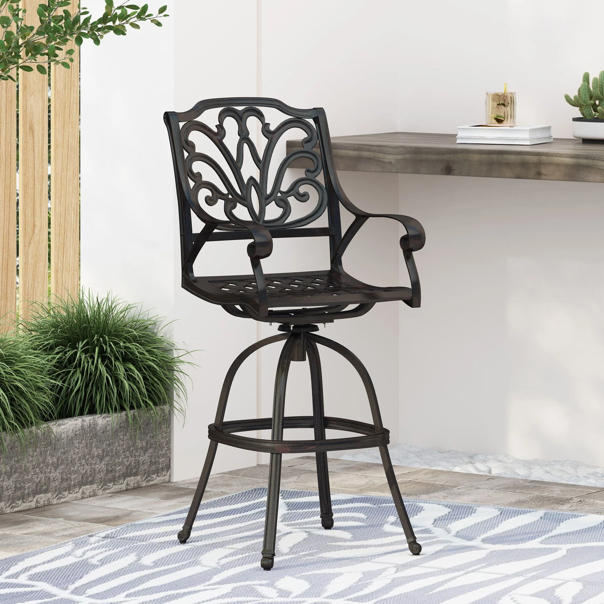 Outdoor Cast Aluminum Swivel Bar Stool With Scrolled Arms - Bronze - Image 4
