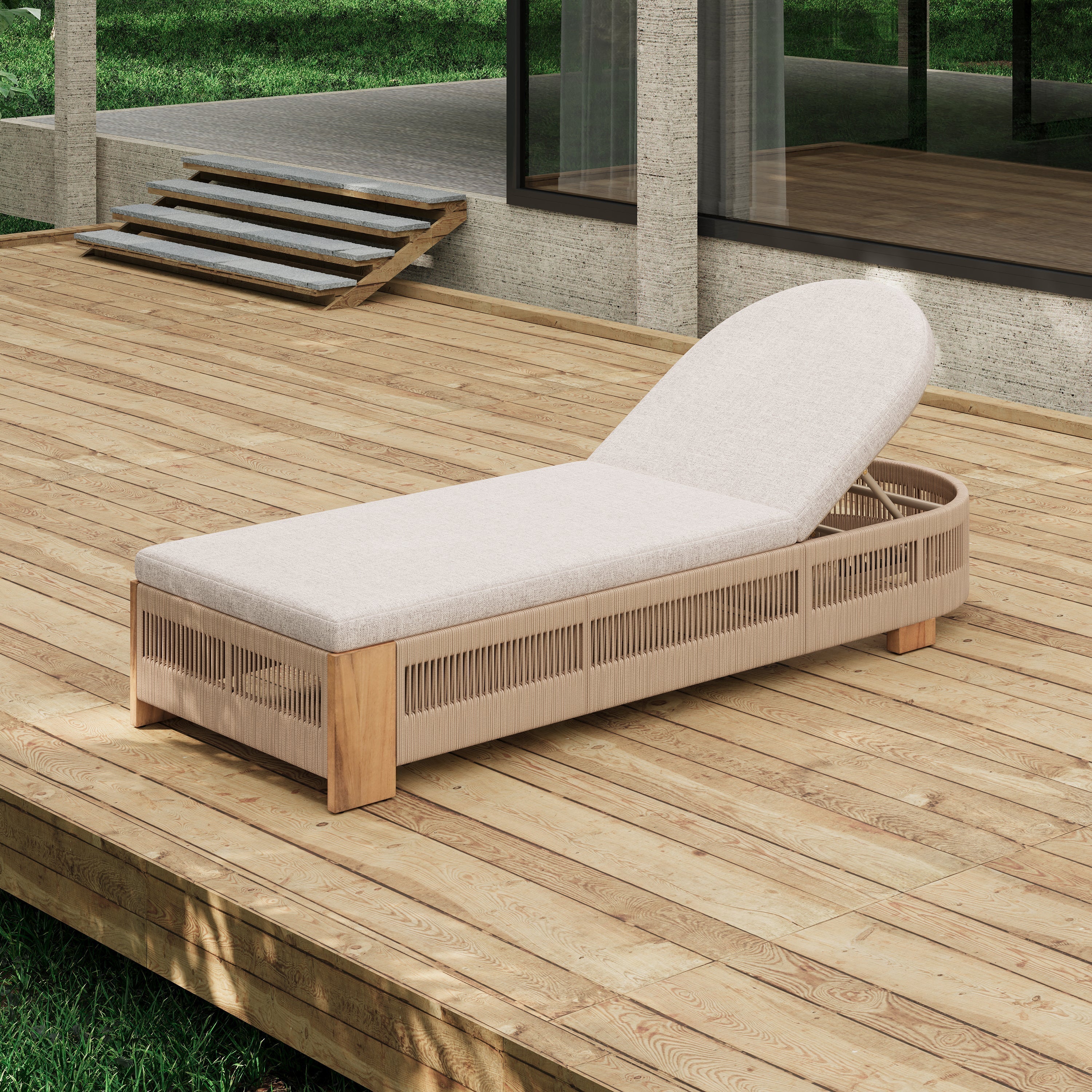 Outdoor Chaise Lounge Chair, Acacia Wood with Adjustable Backrest and Cushion - Image 2