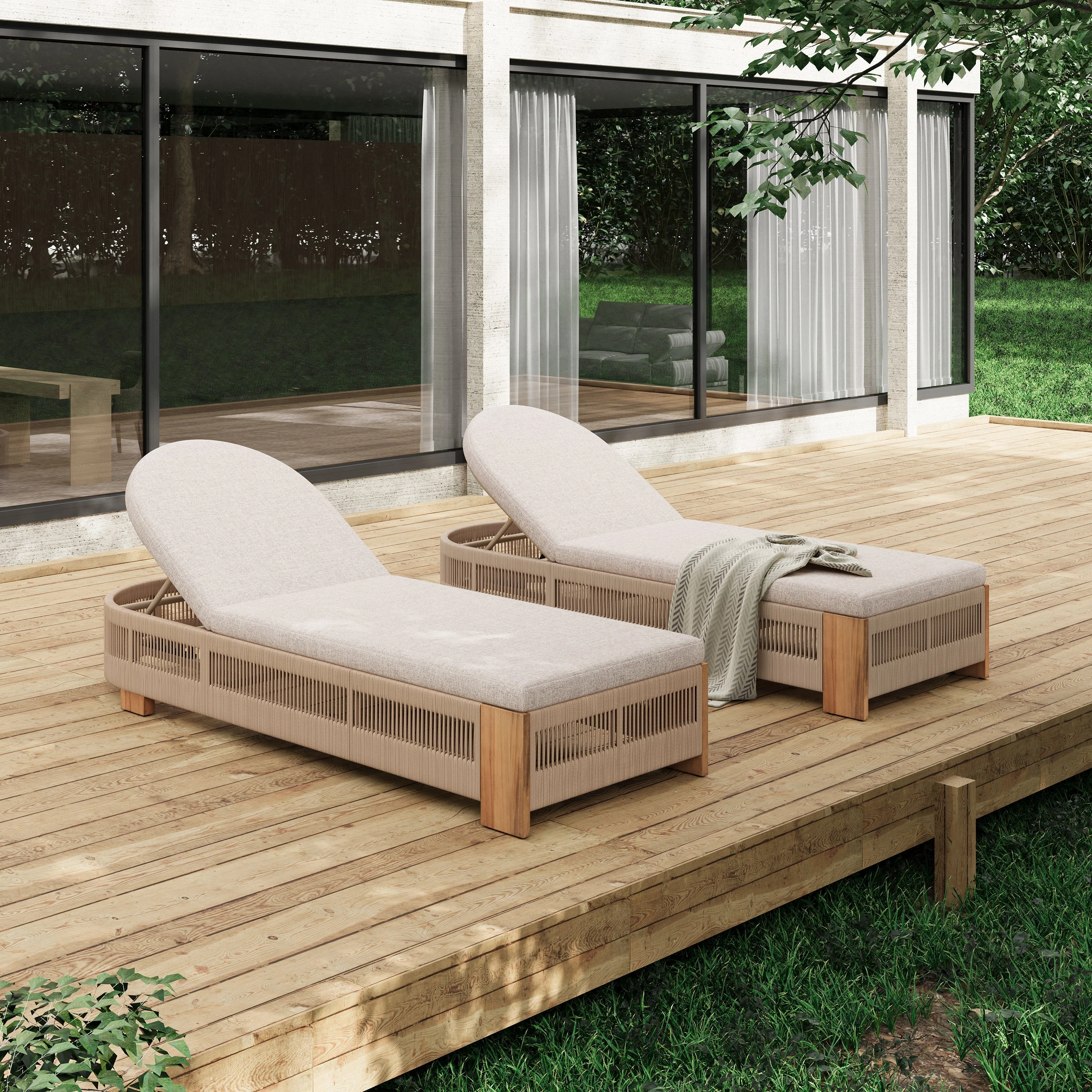 Outdoor Chaise Lounge Chair, Acacia Wood with Adjustable Backrest and Cushion - Image 6