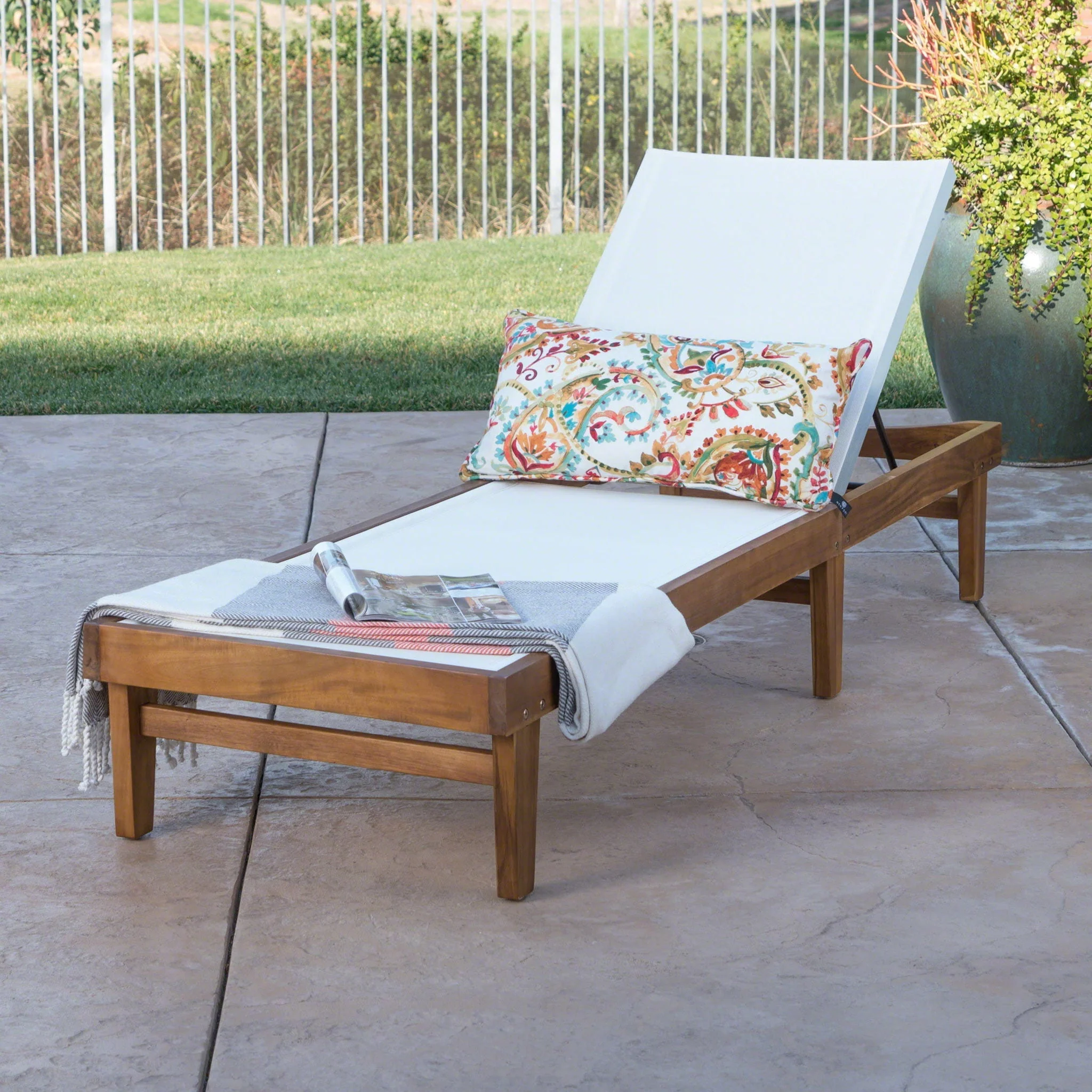 Outdoor Chaise Lounge With Acacia Wood Frame - White / Teak - Image 2