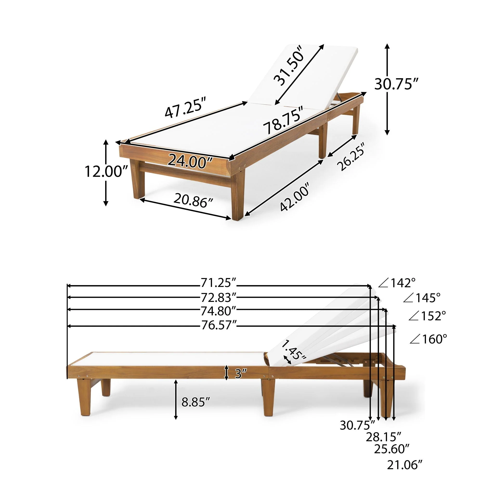 Outdoor Chaise Lounge With Acacia Wood Frame - White / Teak - Image 3