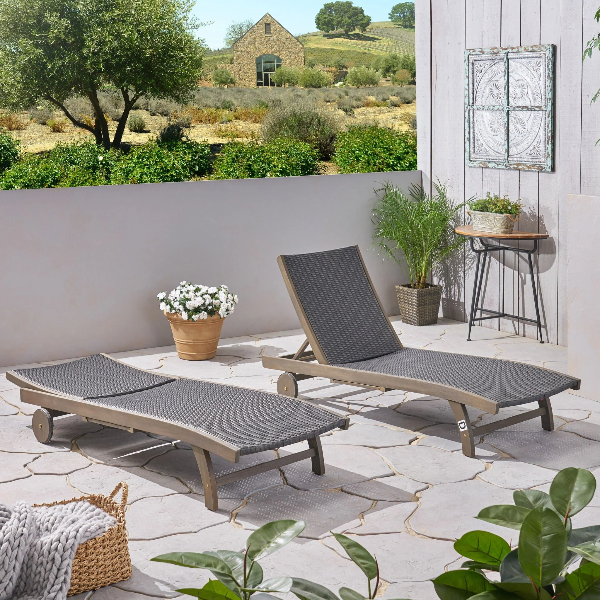 Outdoor Chaise Lounge With Pull-Out Tray And Wicker Seat - Gray - Image 2