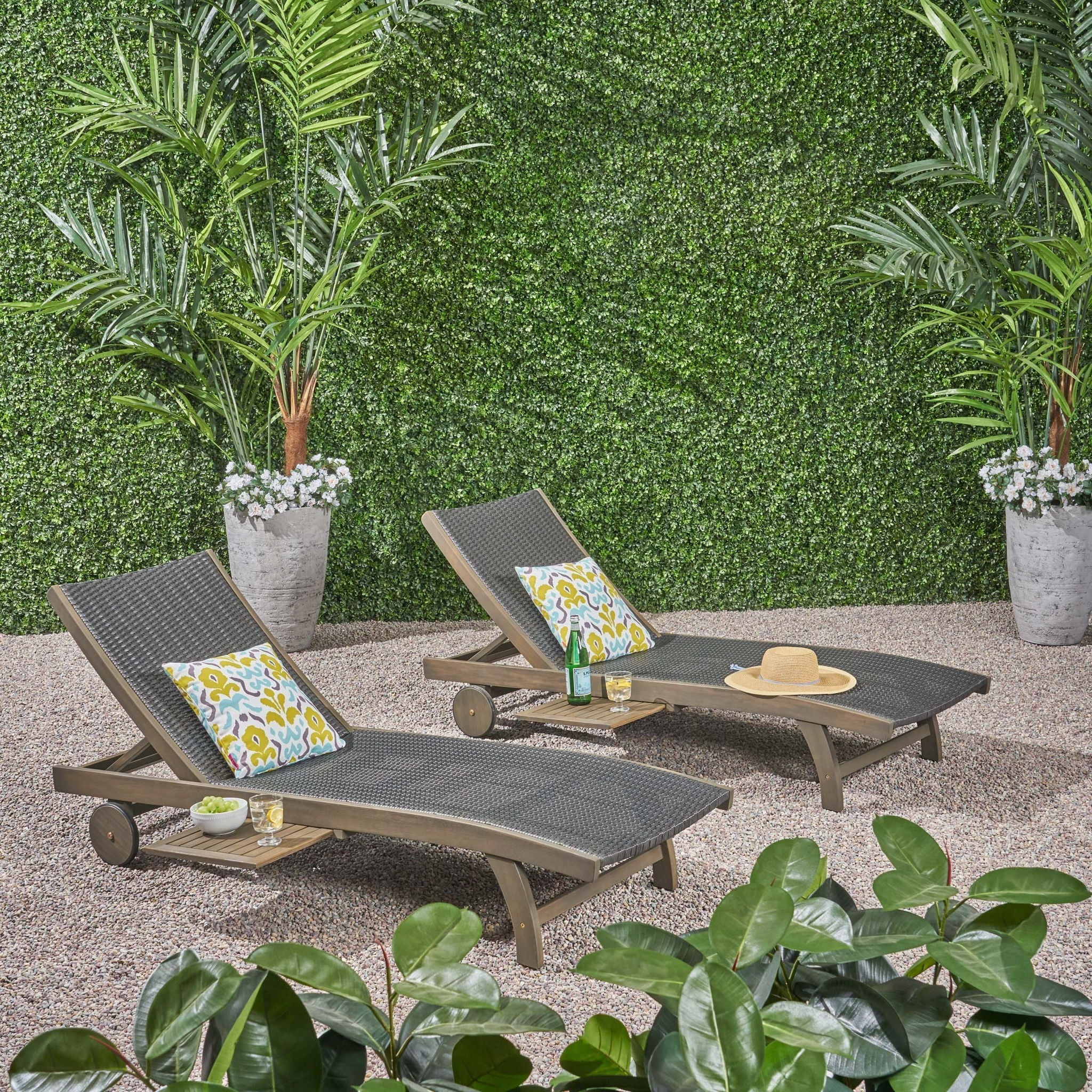 Outdoor Chaise Lounge With Pull-Out Tray And Wicker Seat - Gray - Image 3