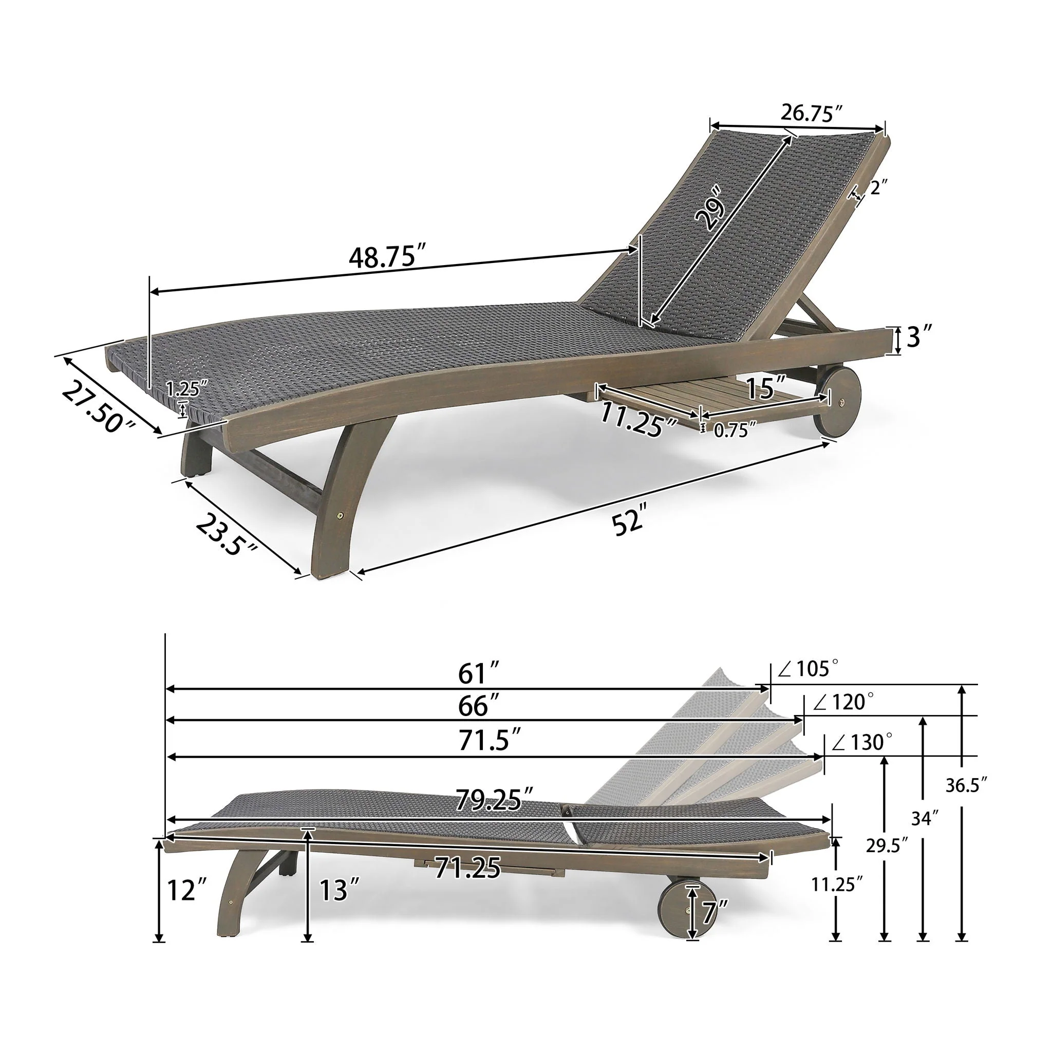 Outdoor Chaise Lounge With Pull-Out Tray And Wicker Seat - Gray - Image 4