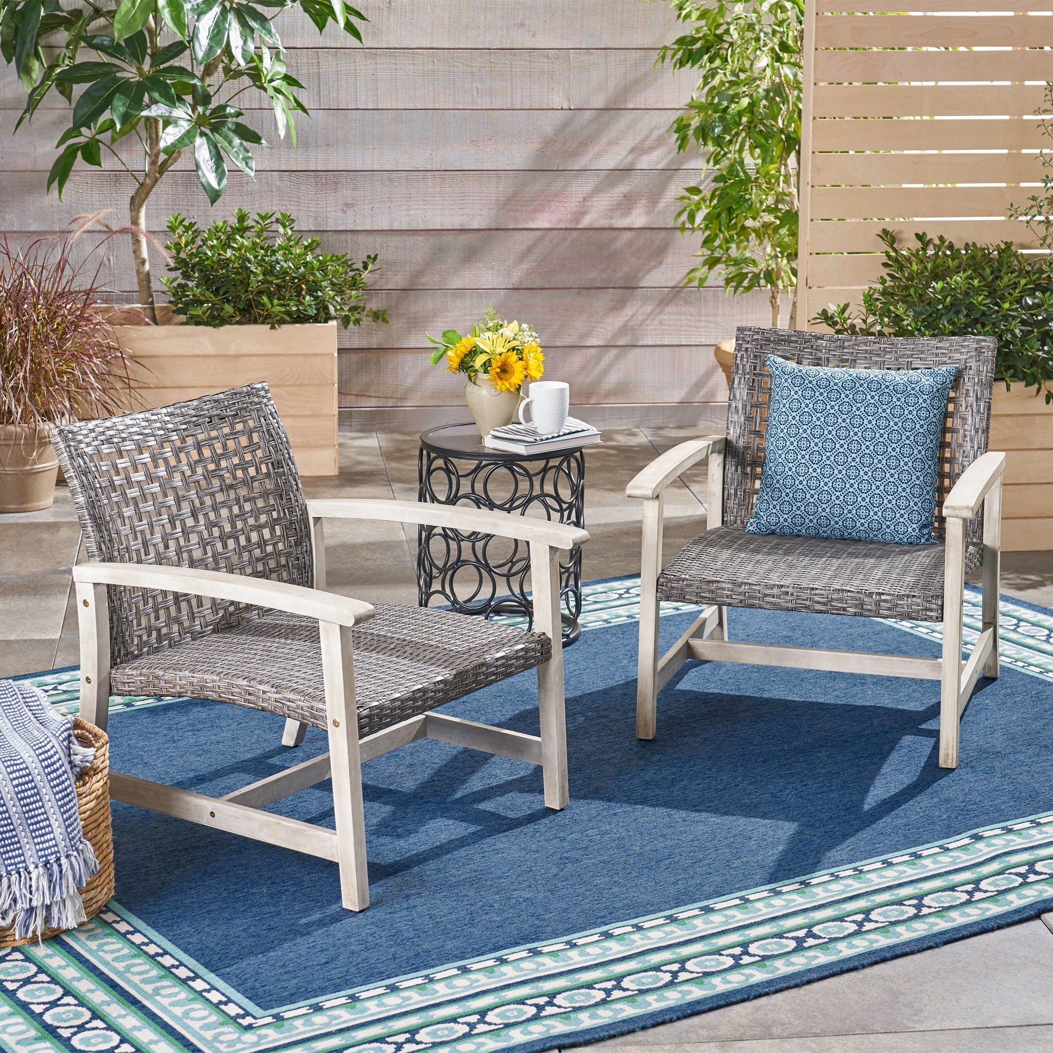 Outdoor Club Chair with Rattan Cover and Acacia Wood Frame - Gray - Image 3