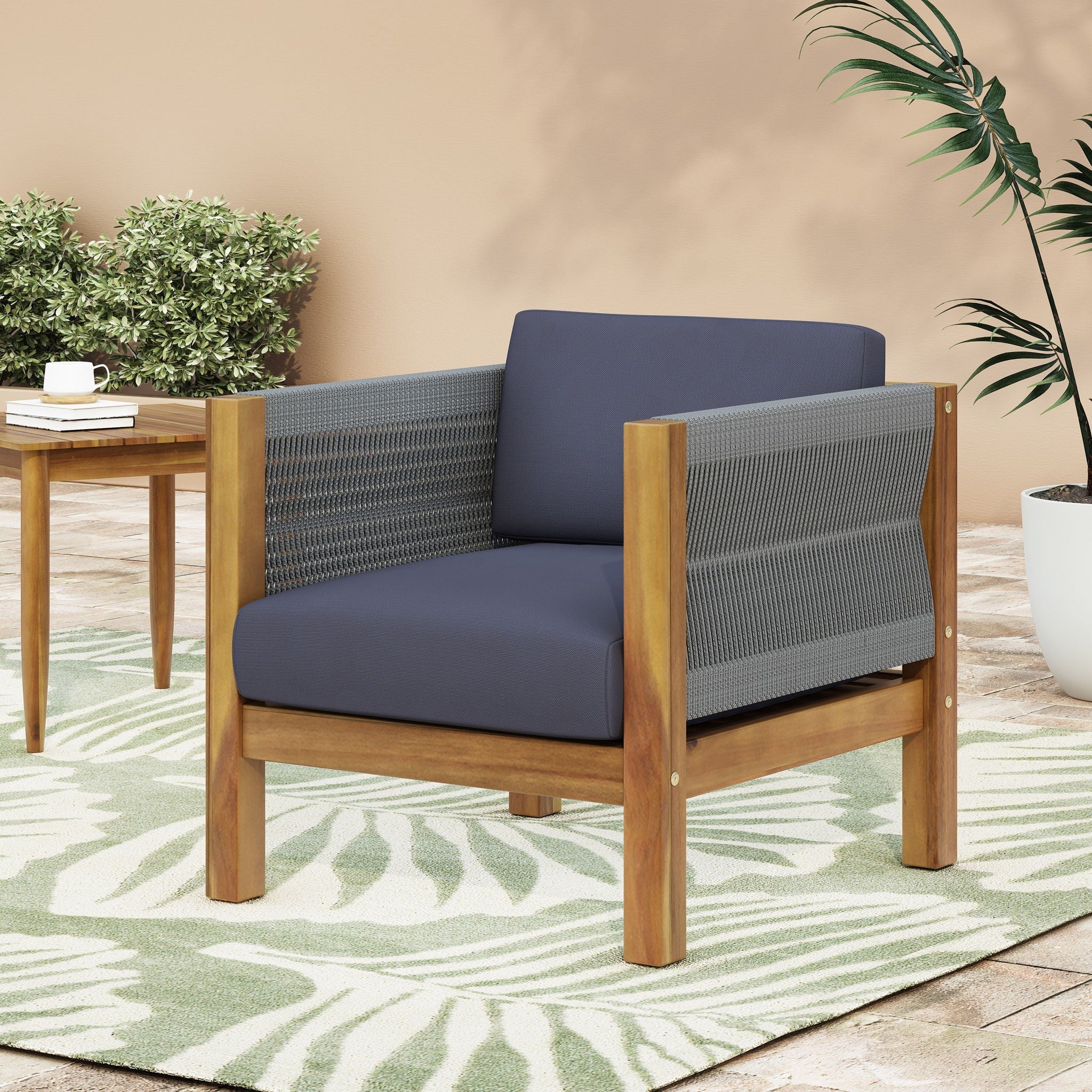 Outdoor Club Chair With Rattan Rope Wave - Dark Gray - Image 4