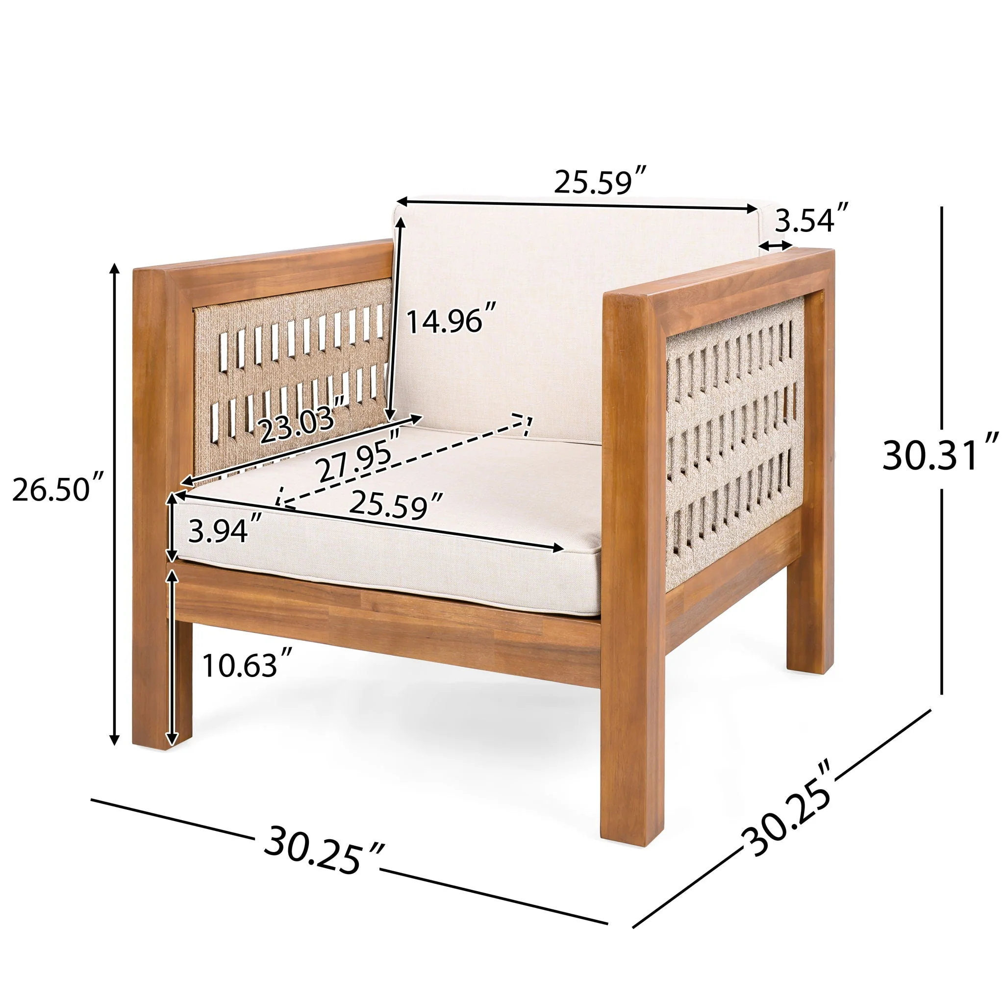 Outdoor Club Chair with Rope Arm and Cushions - Beige / Teak - Image 2