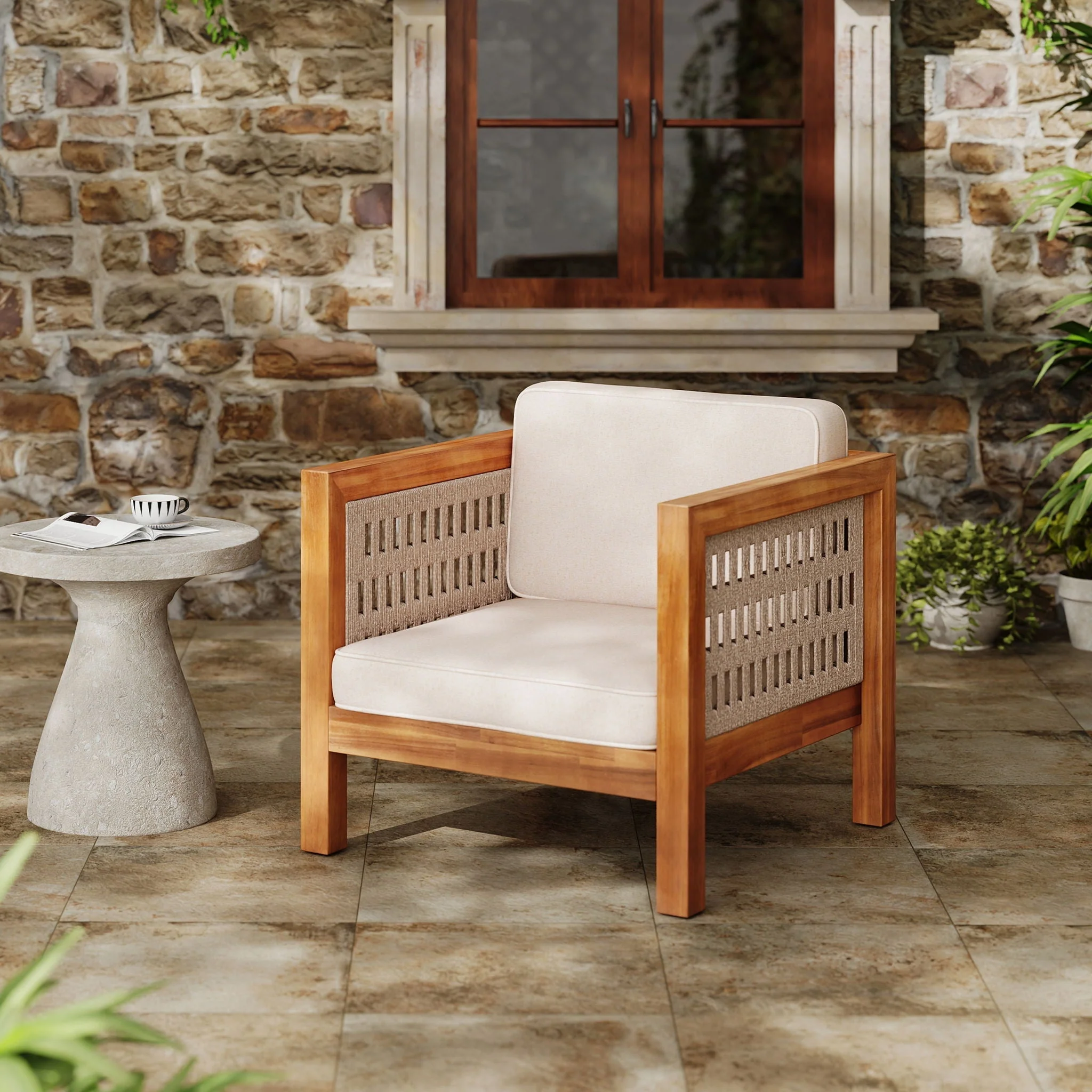 Outdoor Club Chair with Rope Arm and Cushions - Beige / Teak - Image 3
