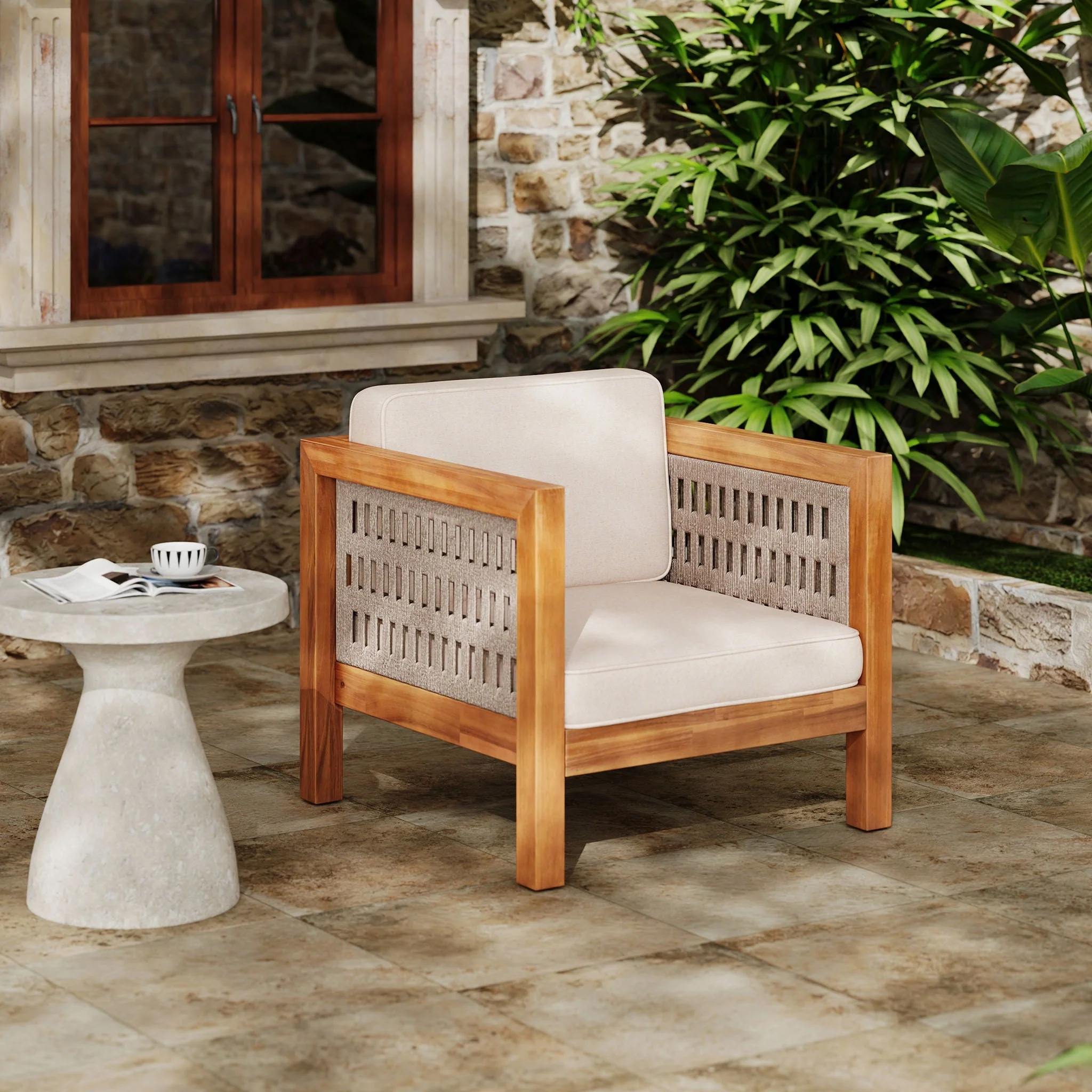 Outdoor Club Chair with Rope Arm and Cushions - Beige / Teak - Image 4