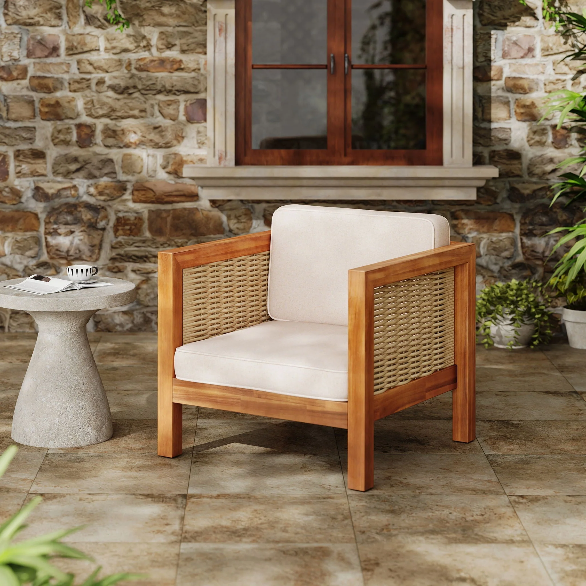 Outdoor Club Chair with Rope Arm and Cushions - Beige / Teak - Image 2