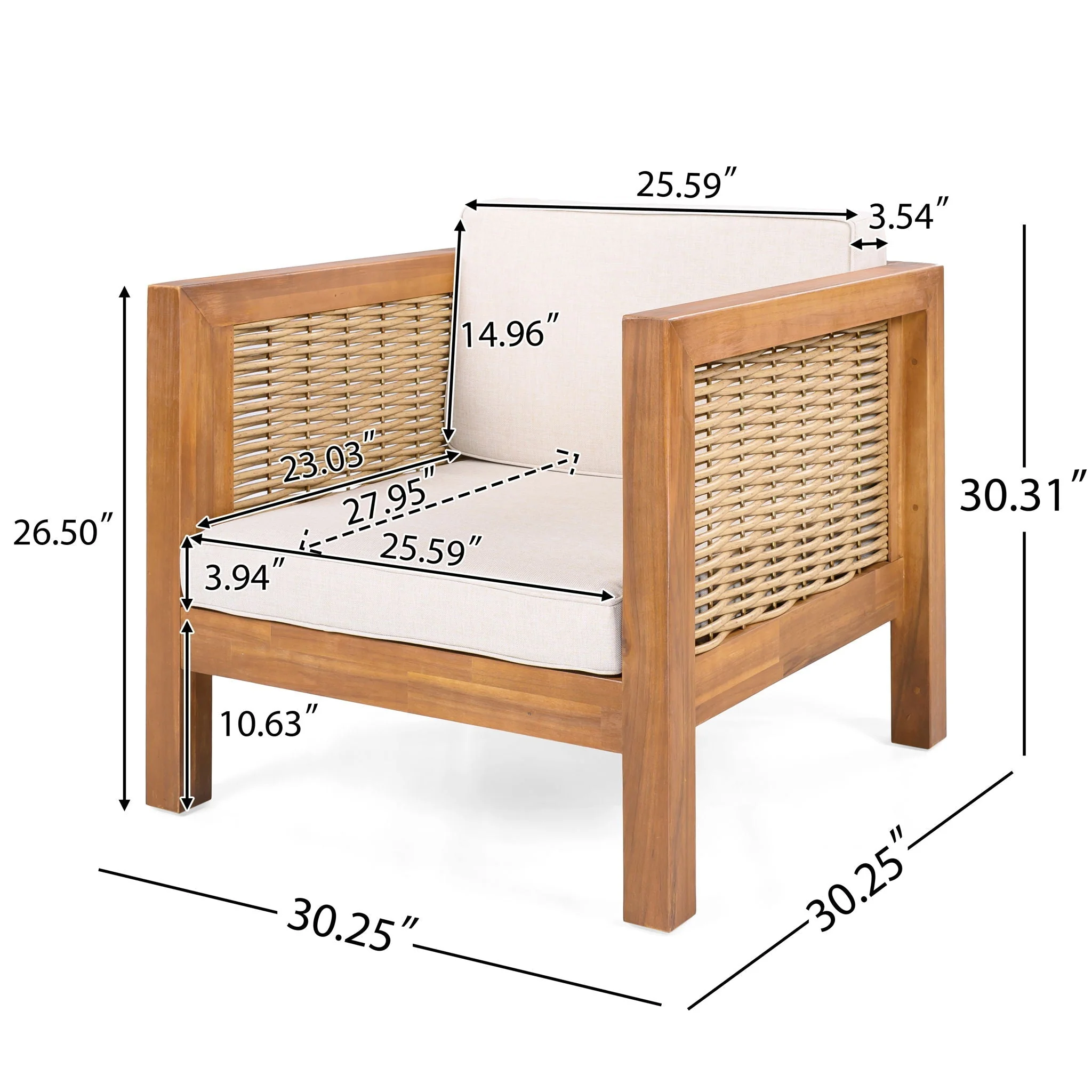 Outdoor Club Chair with Rope Arm and Cushions - Beige / Teak - Image 3