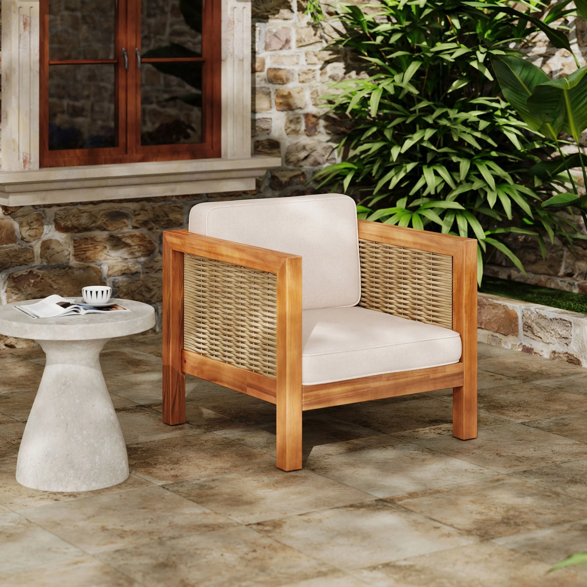 Outdoor Club Chair with Rope Arm and Cushions - Beige / Teak - Image 4
