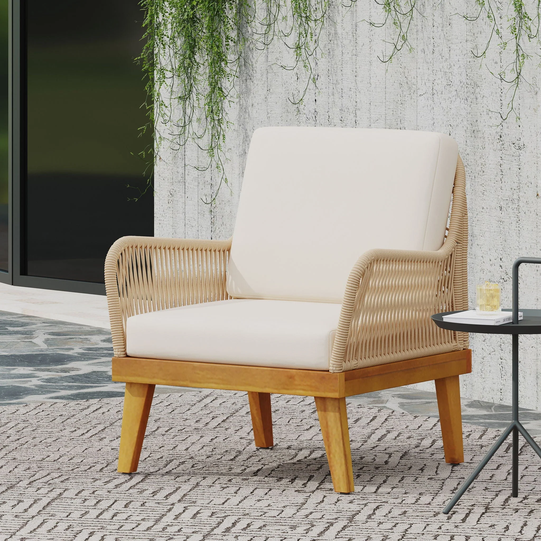 Outdoor Club Chair With Rope Weave Design - Teak - Image 3