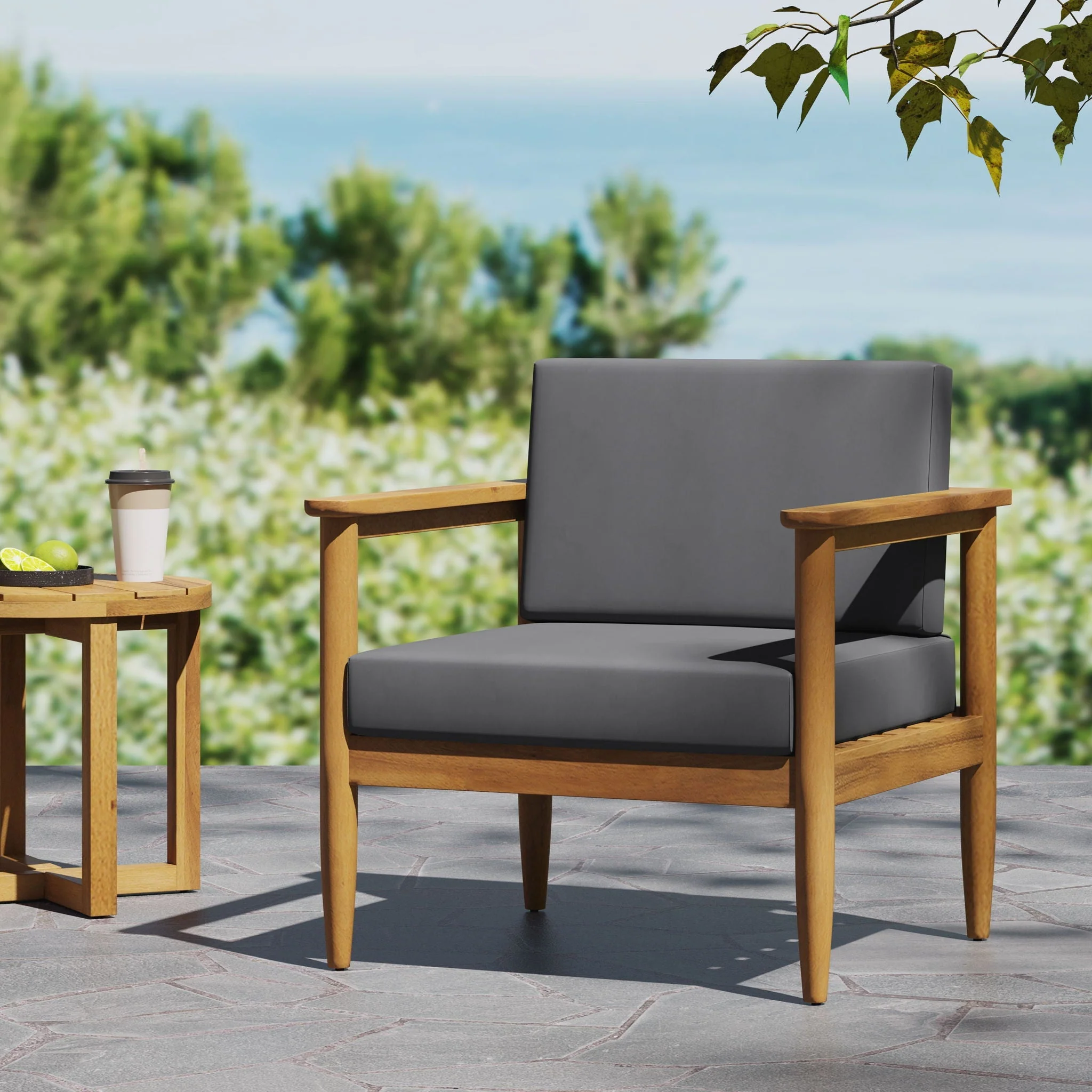 Outdoor Club Chair with Teak Acacia Wood Frame - Dark Gray - Image 3