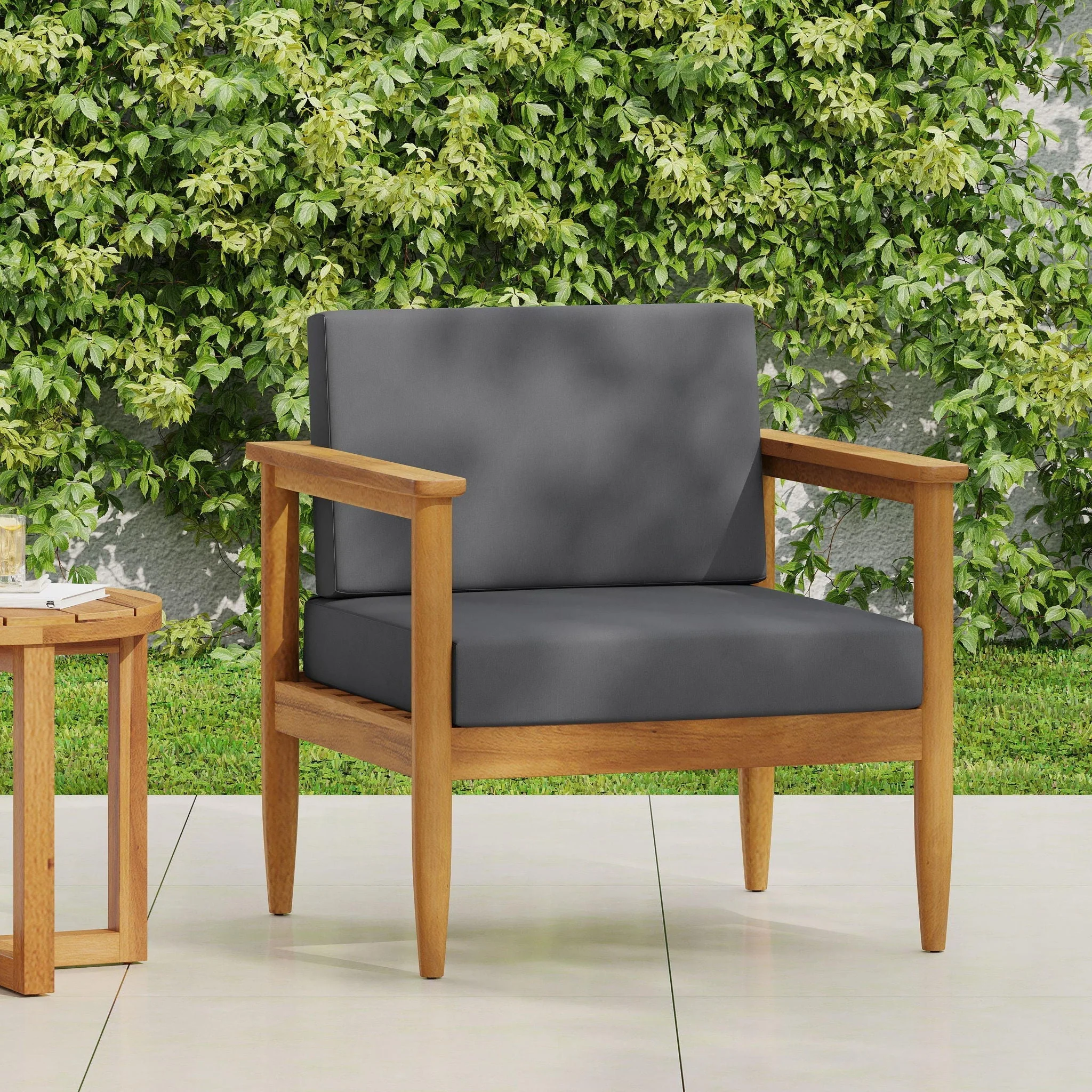 Outdoor Club Chair with Teak Acacia Wood Frame - Dark Gray - Image 4
