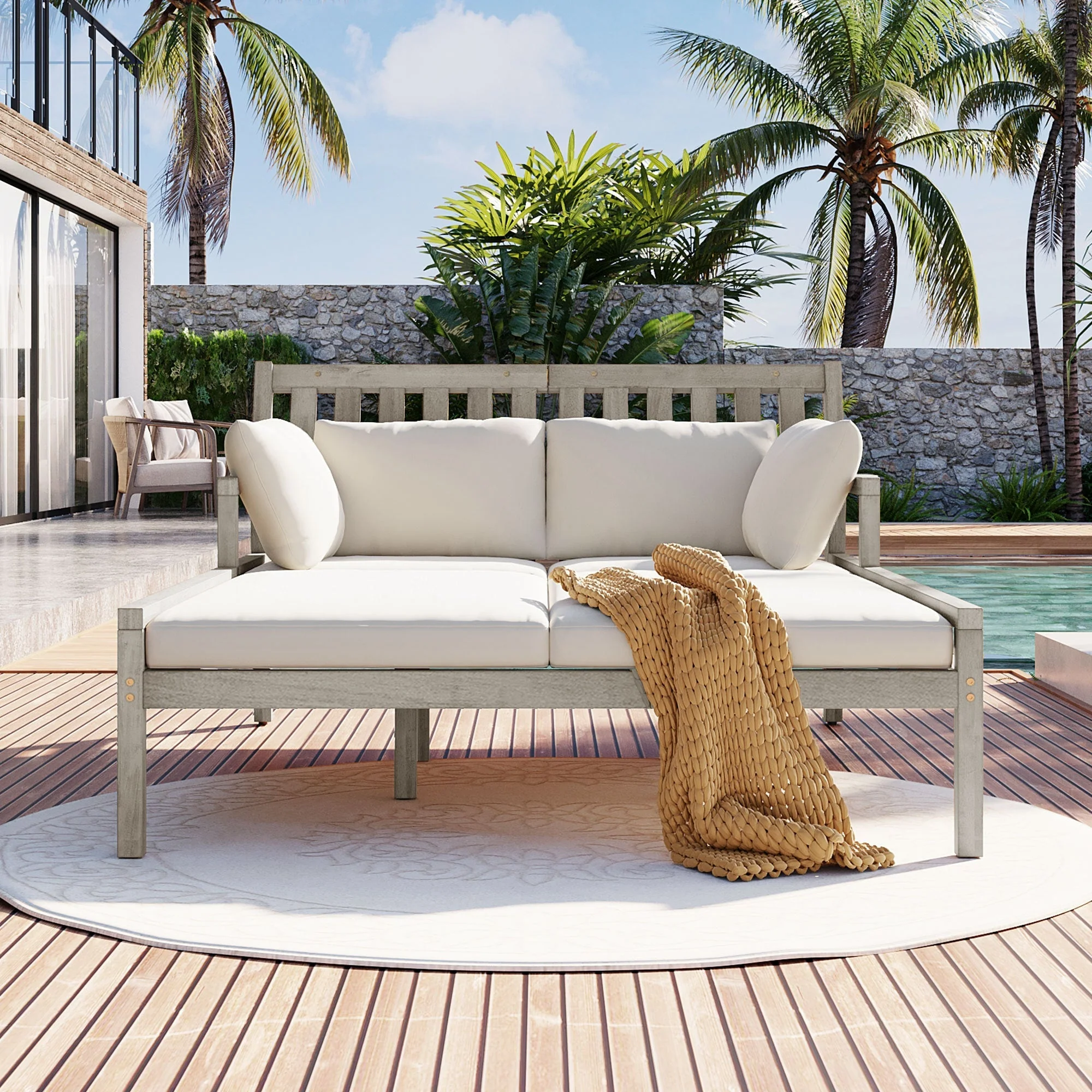 Outdoor Daybed With Four Pillows (Gray+Beige Cushion) - Image 2