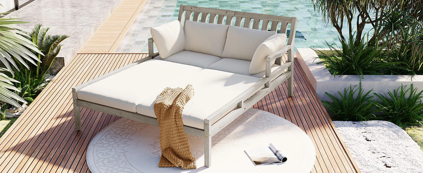 Outdoor Daybed With Four Pillows (Gray+Beige Cushion) - Image 29