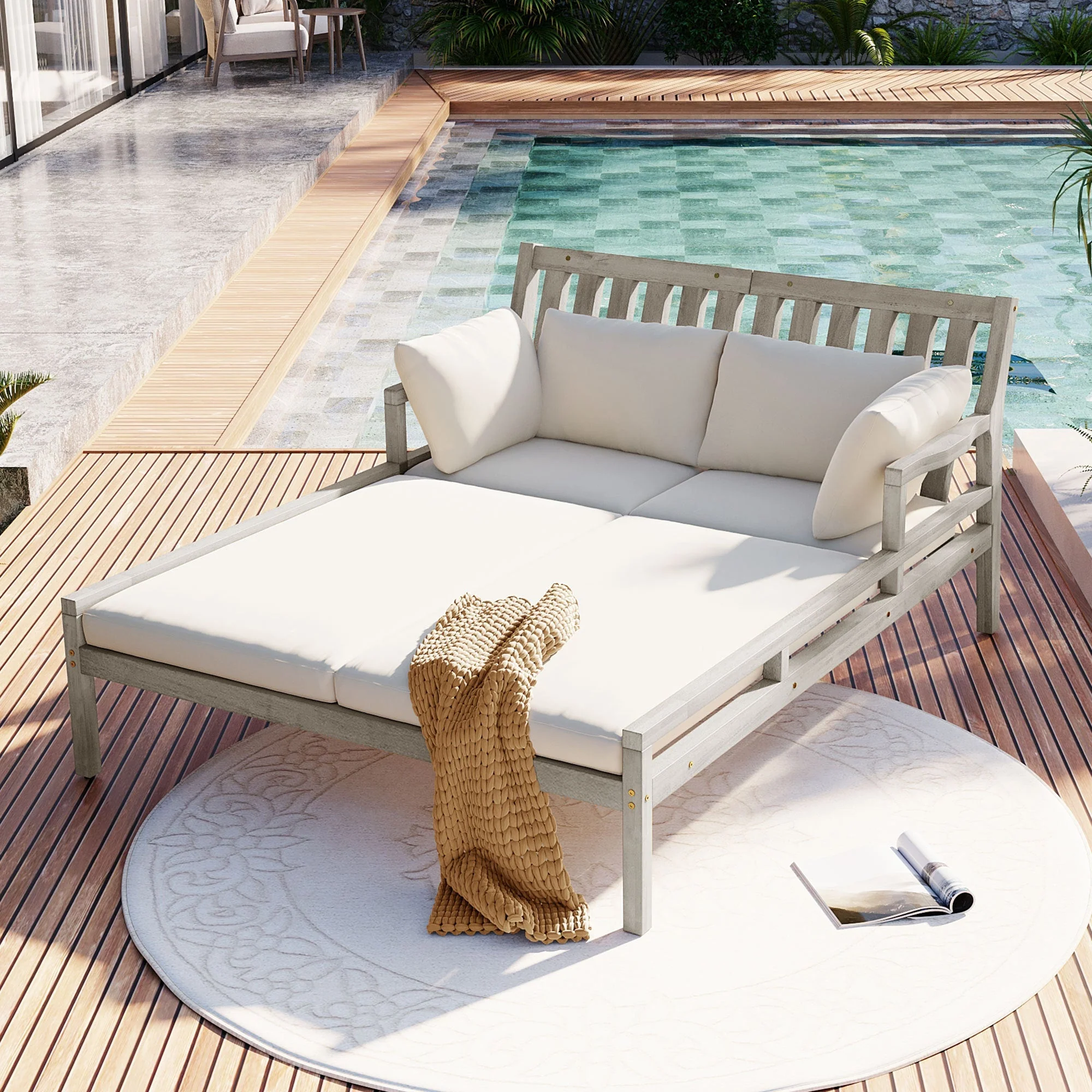 Outdoor Daybed With Four Pillows (Gray+Beige Cushion) - Image 3